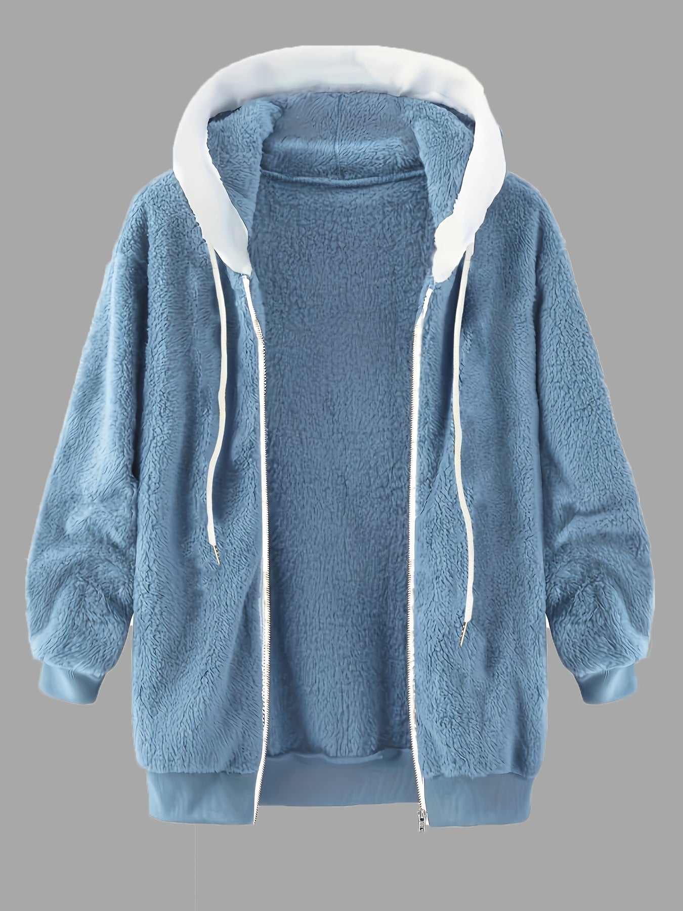 Stylish Long Sleeve Drawstring Hooded Coat - Wool & Blends Coat for Women - Fall and Winter Casual Wear, Zip Up, Solid Color, Comfortable and Warm
