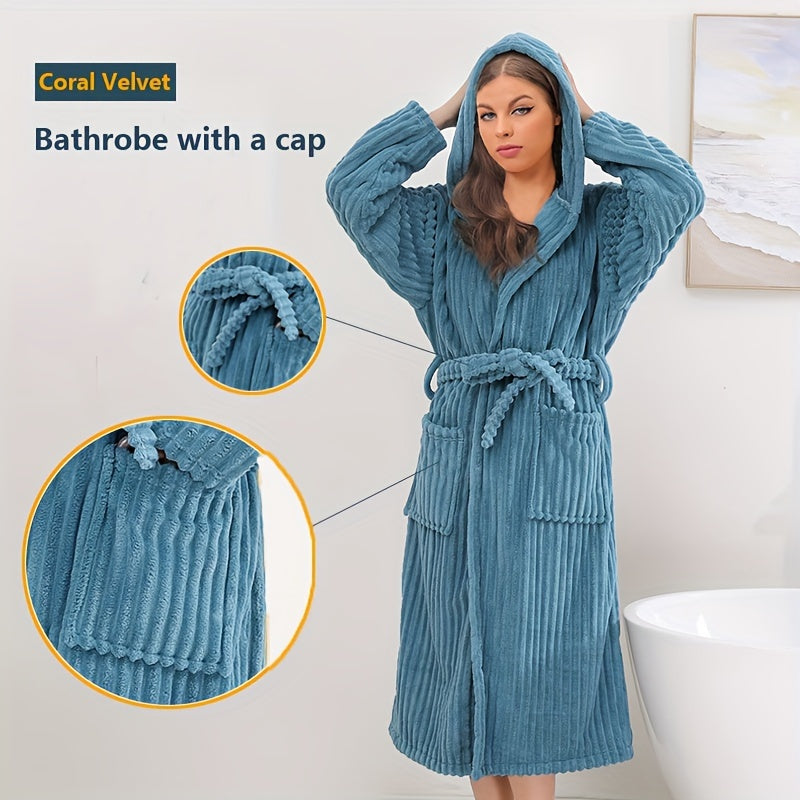 Super Soft Coral Velvet Hooded Bathrobe, Unisex Winter Warm Robe, Polyester & Polyamide Blend, Absorbent, Casual Knit Long Robe with Hood & Pockets, Machine Washable, Universal Space Theme, for Autumn & Winter - 350gsm Towel Fabric