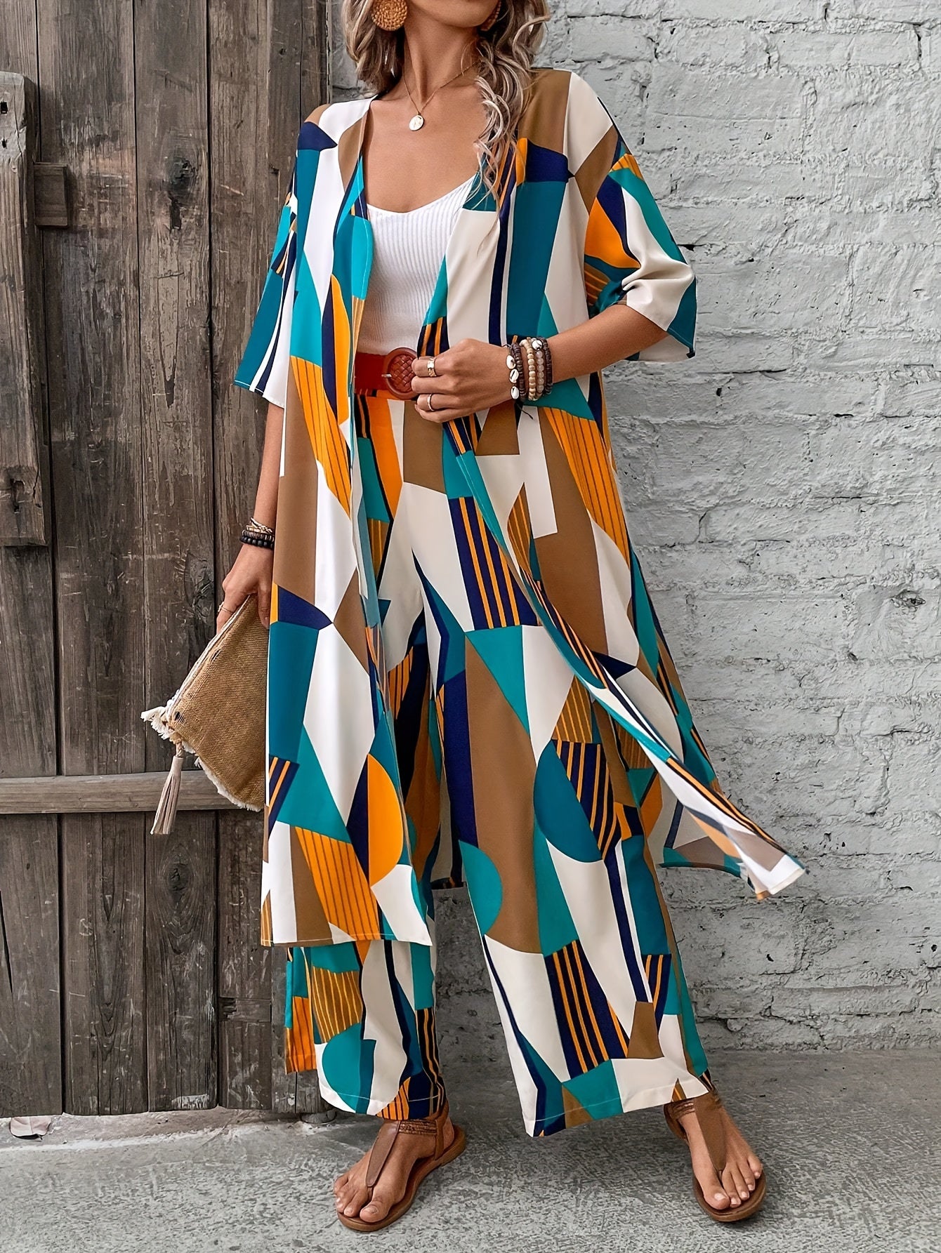 Chic Geometric Print Womens Pantsuit Set - Open Front Long Shirt & Wide Leg Pants - Stylish Casual Outfits for Fashion-Forward Ladies