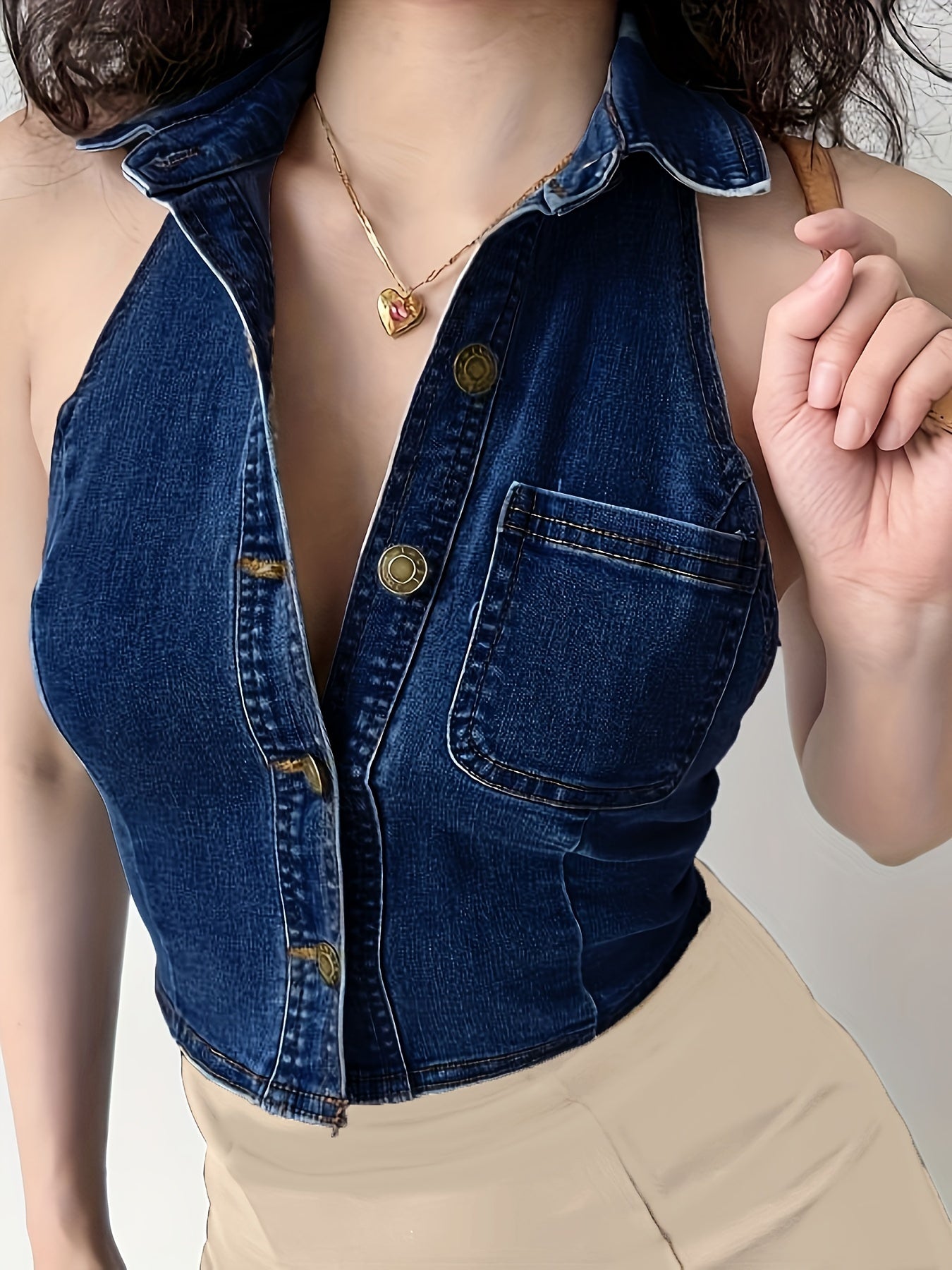 Stretchy Denim Top - Sleek Open Back Design, Halter Neck Style, Classic Single Button Front, Super Stretchy Fabric for Comfort - Deep Dark Washed Blue Color, Designed for Women