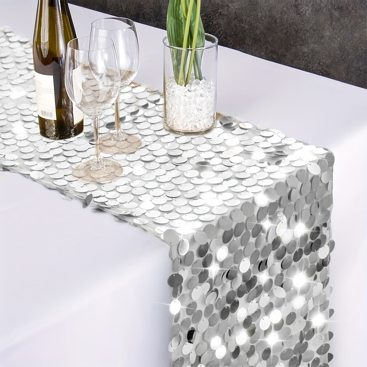 1pc Large Rectangle Premium Sequin Table Runner, 12X108inch Slivery Glitter Decor for Halloween, Christmas, Wedding, Birthday Party, Banquet, Home Supplies