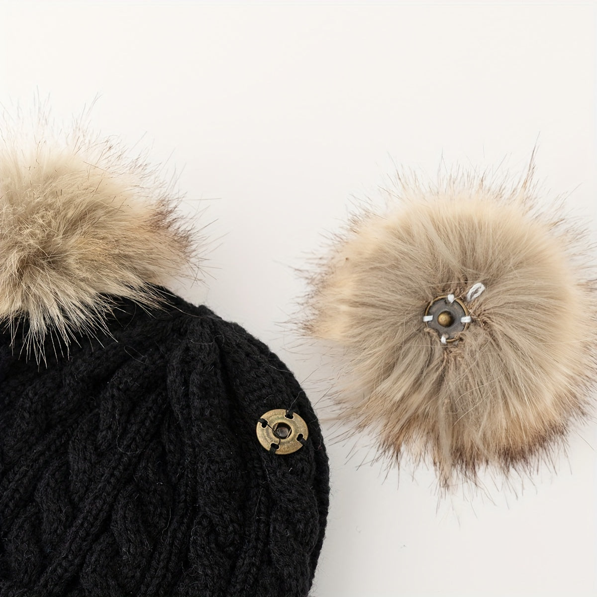2pcs+1pair Winter Warm Double Fur Ball Knitted Hat, Neck Scarf And Gloves For Winter