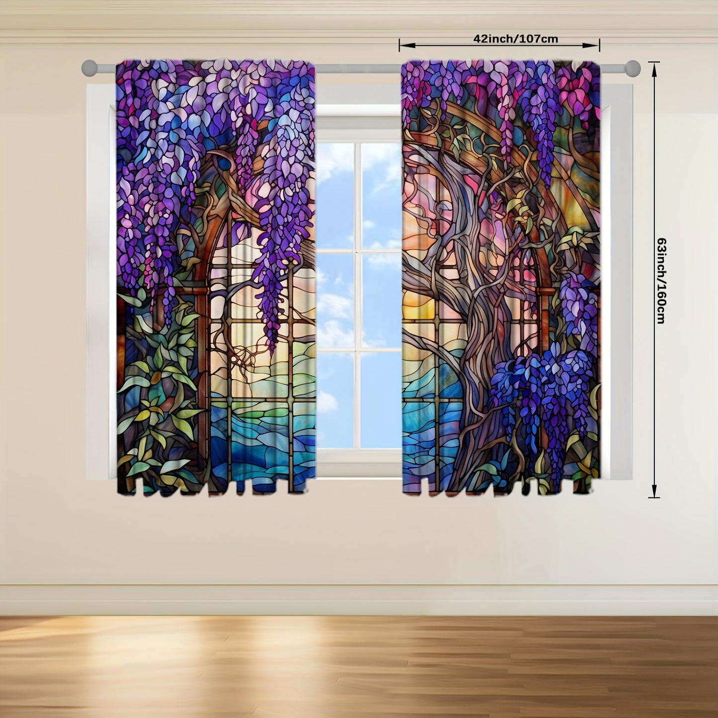 2pcs Stained Glass Flower Wisteria Printed Curtain For Home Decor Rod Pocket Window Treatment For Bedroom, Office, Kitchen, Living Room, And Study