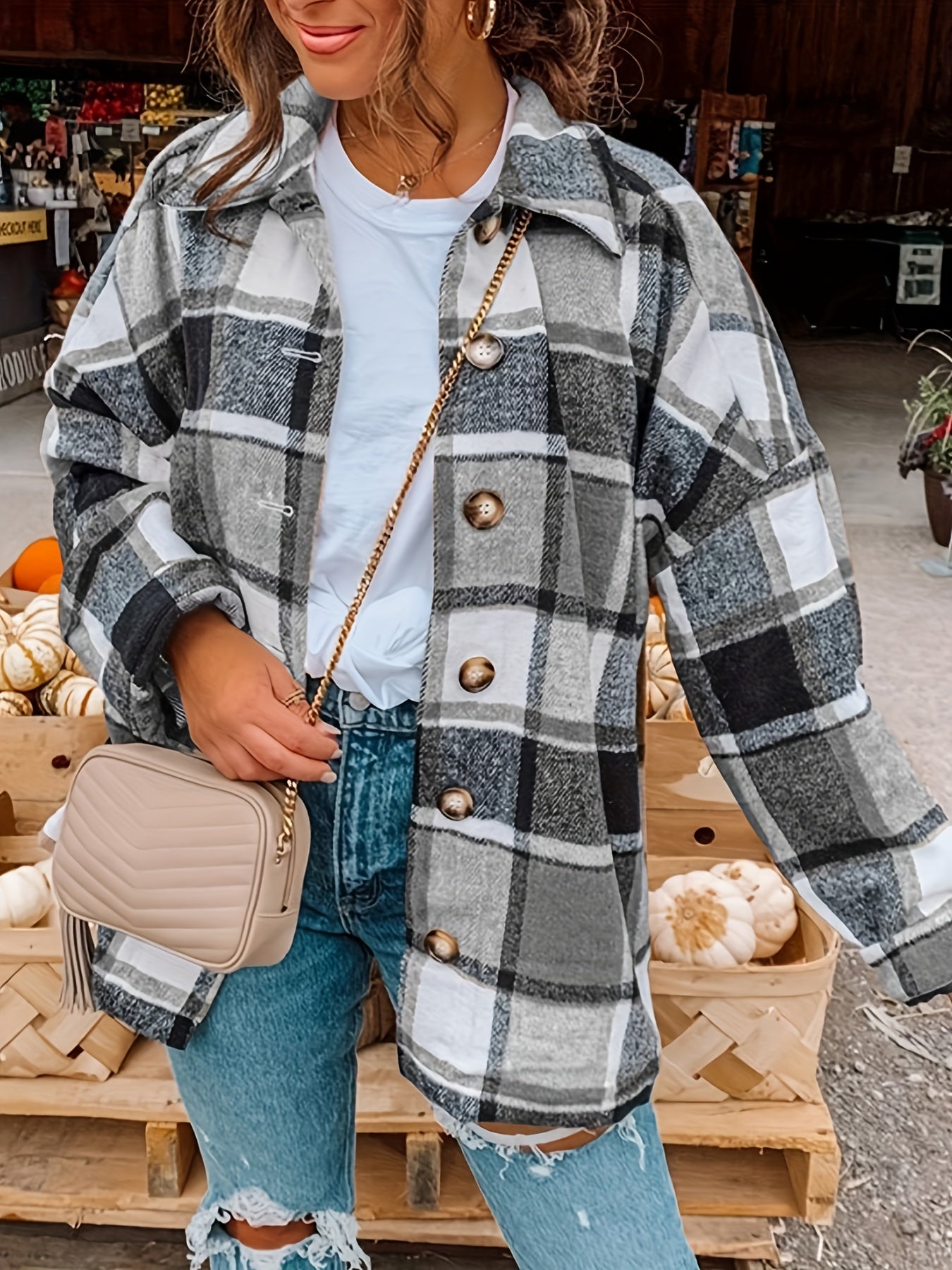 Plaid Shacket with Lapel Collar - Soft Slight Stretch Tweed Fabric, Loose Fit, Micro Elasticity, Random Printing, Perfect for Fall & Winter - Womens Casual Long Sleeve Bomber Jacket