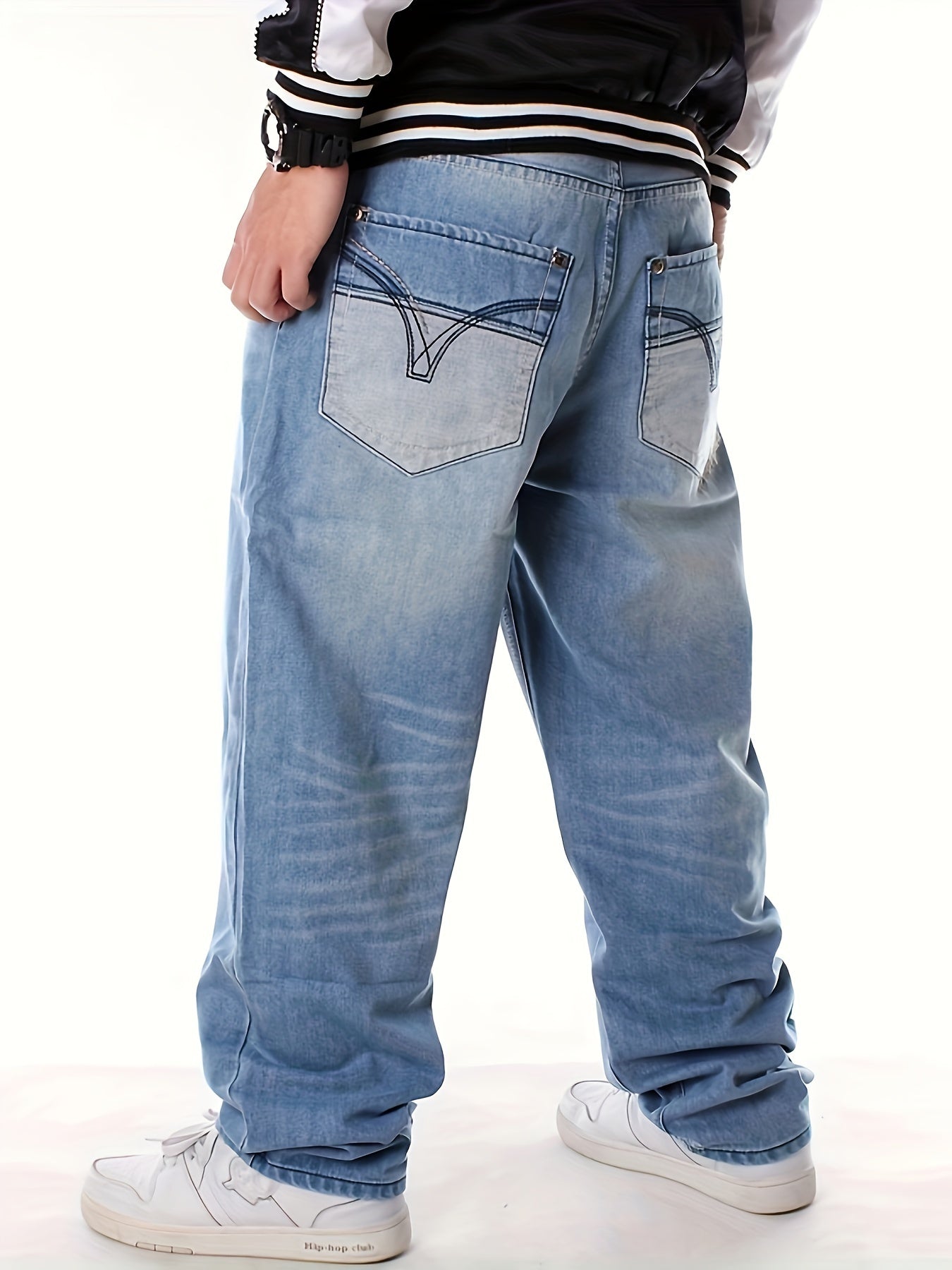 Men's Loose Solid Denim Trousers With Pockets, Causal Cotton Blend Jeans For Outdoor Activities