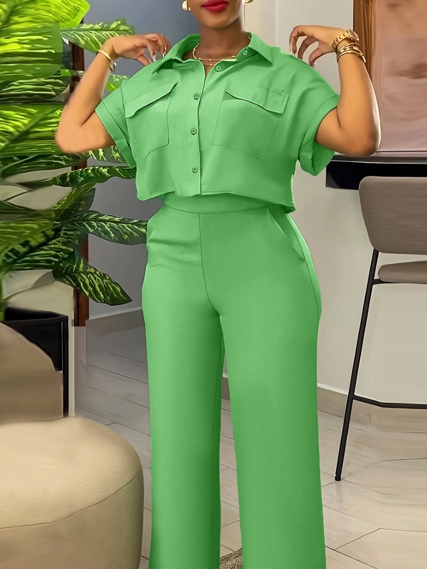 Two-Piece Solid Color Casual Outfit - Lapel Collar Short Sleeve Shirt and Pants Set - Polyester Woven Fabric, Spring/Summer Essential, No Elasticity, No Printing, and No Sheer