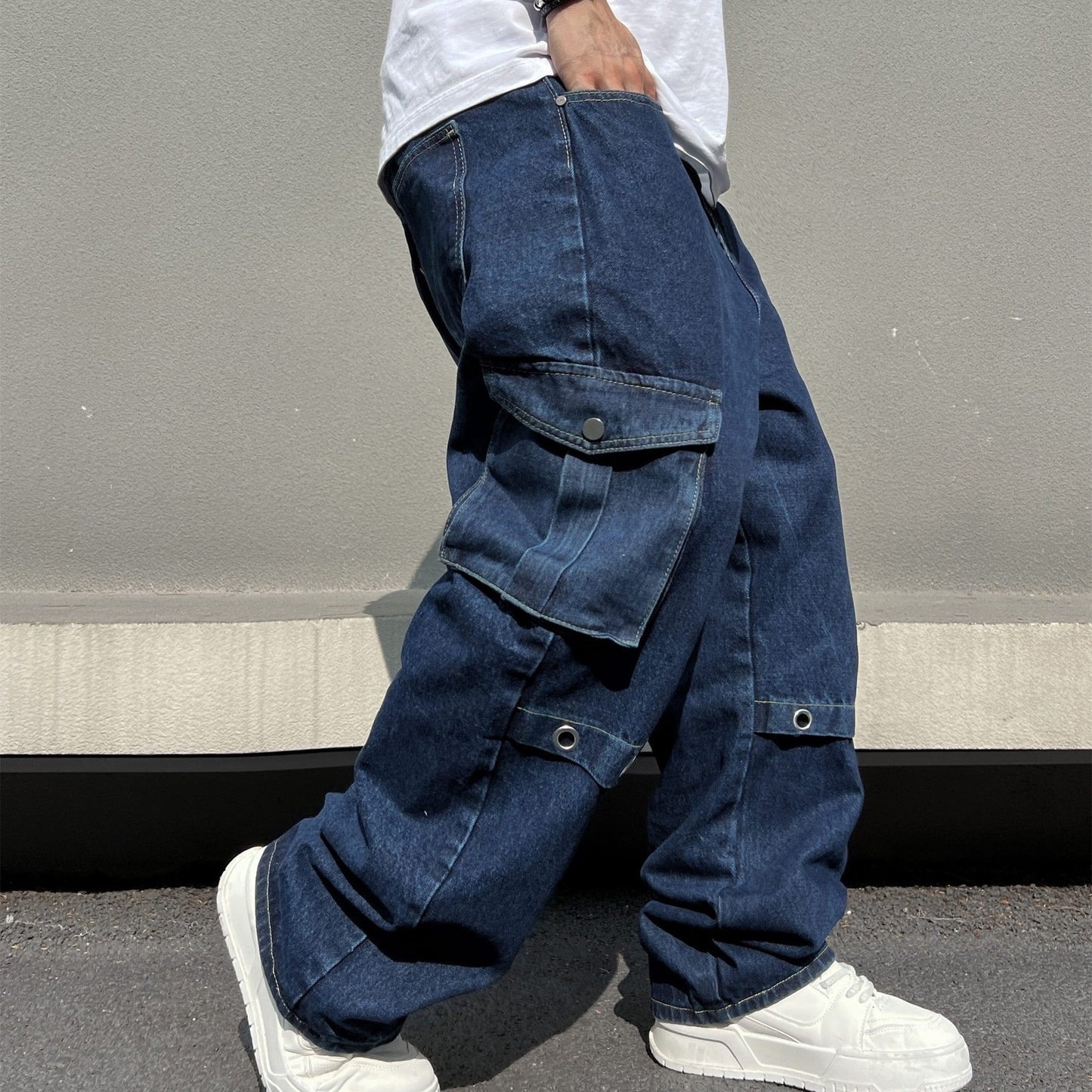 Men's Casual Loose Fit Jeans, Chic Street Style Multi Pocket Denim Pants