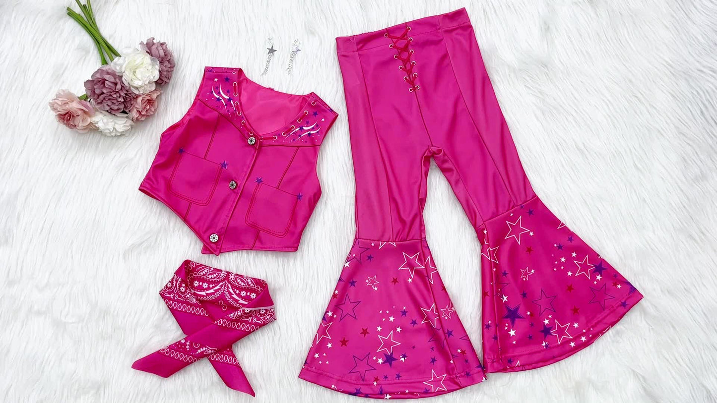 Kid's Movie Doll Cosplay Costume, Vest & Flared Pants & Accesssories, Girl's Cowgirl Dress Up Suit For Halloween Party
