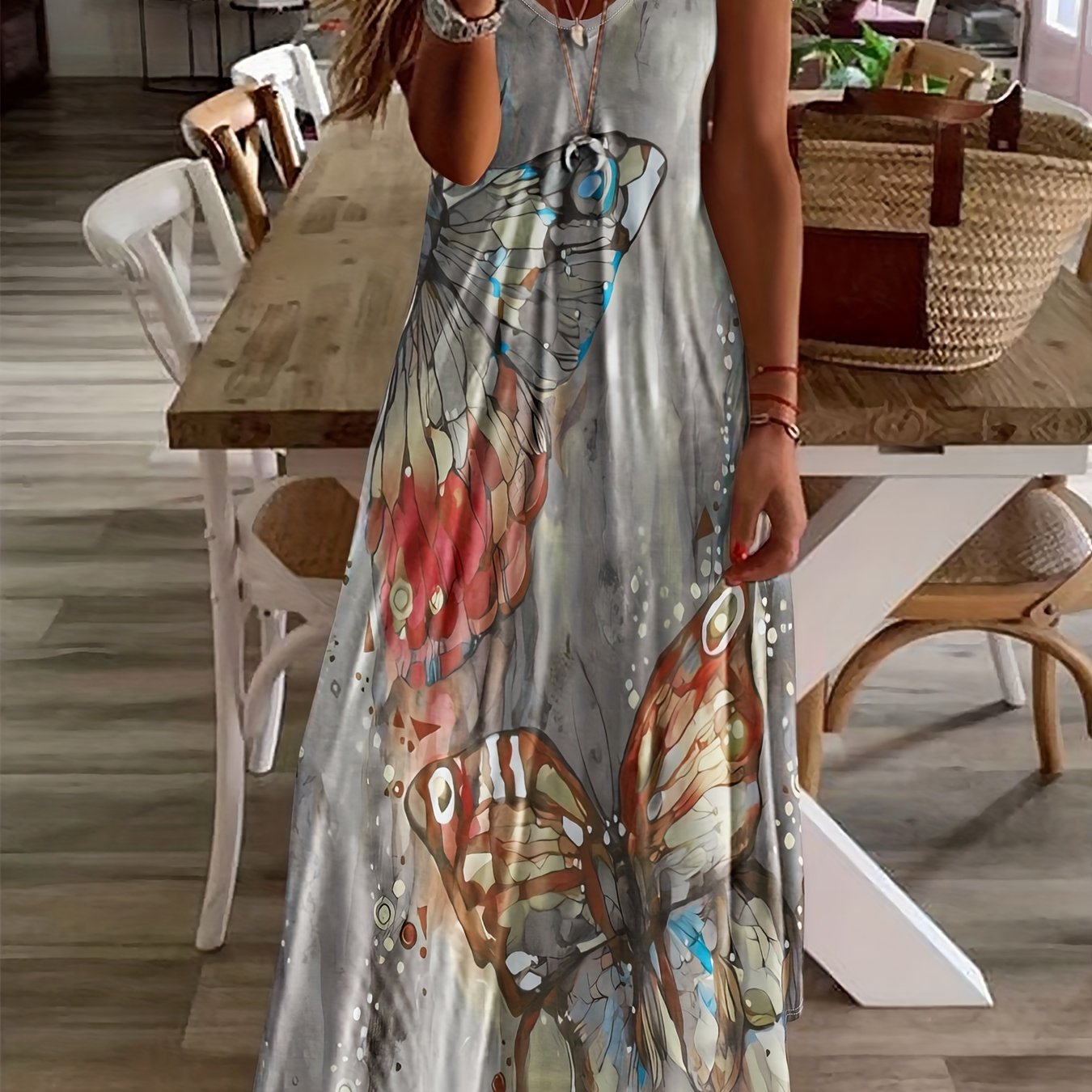 Butterfly Print V-Neck Casual Dress - Lightweight & Feminine for Spring & Summer - Short Sleeve, Comfortable Fit - Trendy Womens Clothing for Warm Weather