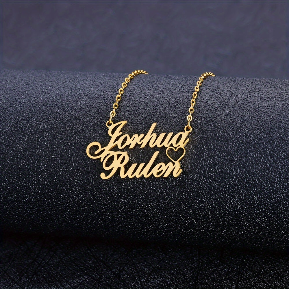 Personalized Hollow Two Names Necklace, Customized Stainless Steel Double Layer Letter Name Pendant Necklace
