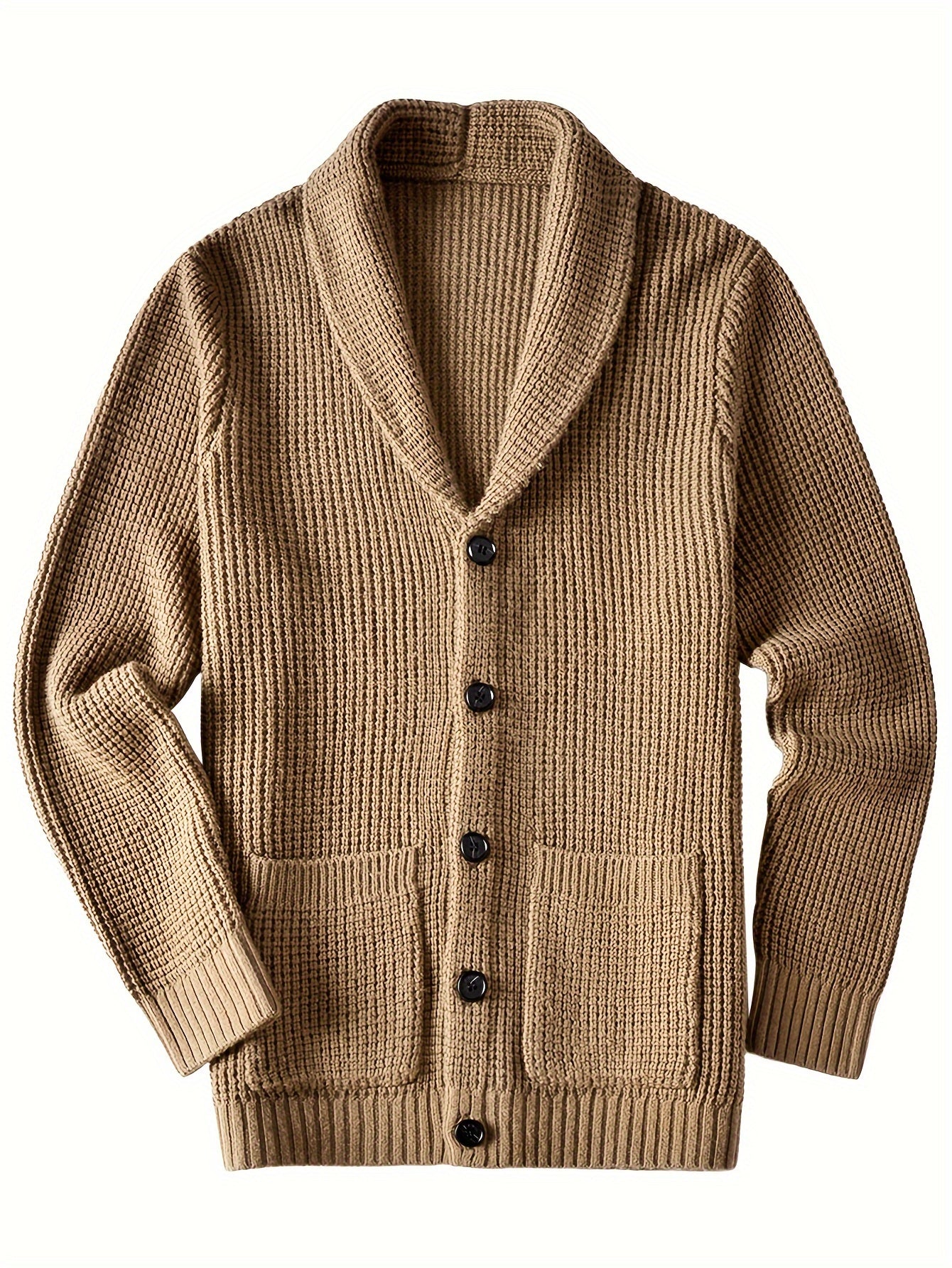 Mens Long Sleeve Green Shawl Collar Solid Color Acrylic Knit Cardigan Sweater with Pocket - Soft, Slight Stretch Fabric, Regular Fit, Placket Closure - Perfect for Fall and Winter Seasons