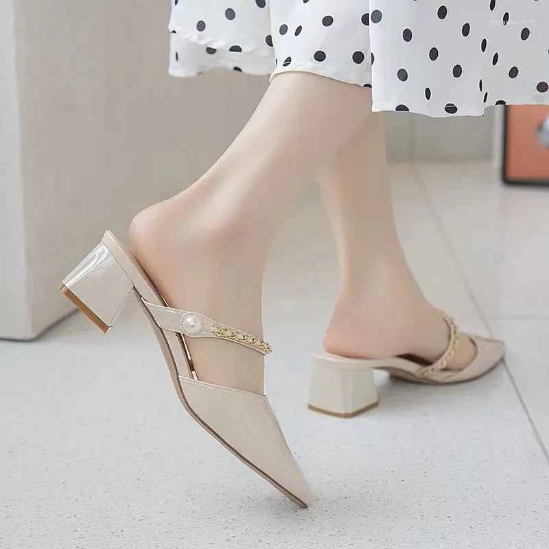 Slippers Summer Fashion Baotou Half Women Wear Pointed Thick Heel Women's Shoes In