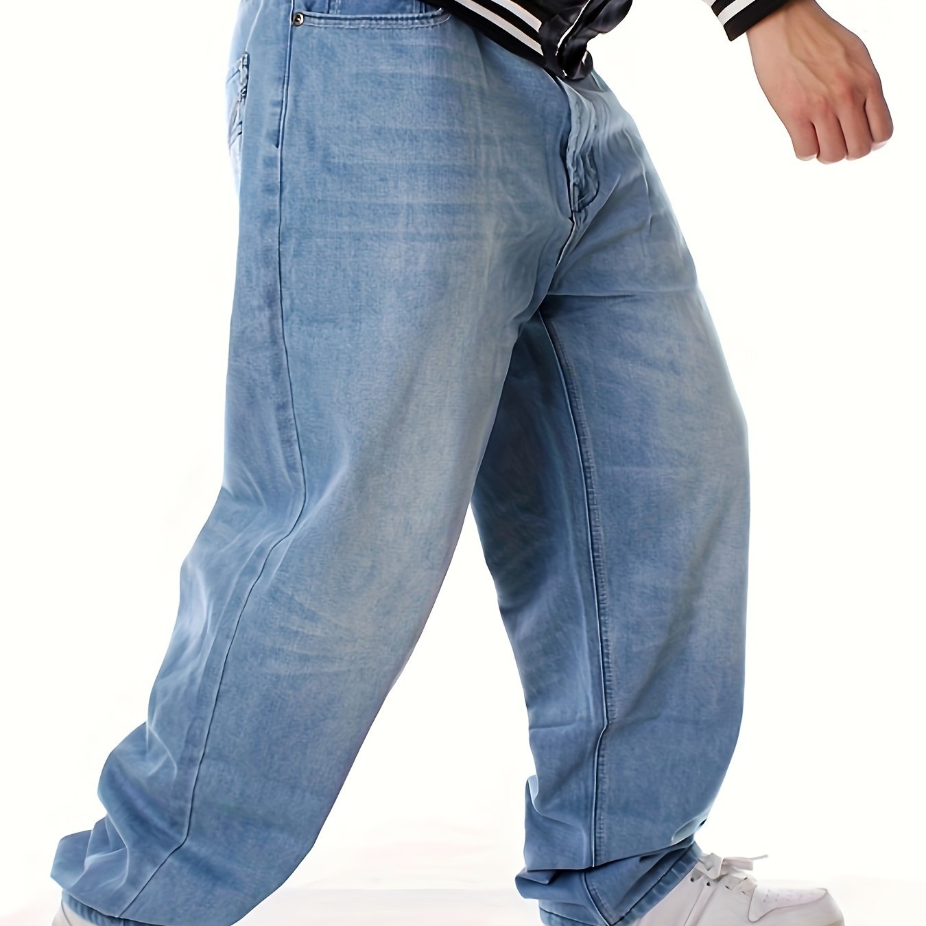 Men's Loose Solid Denim Trousers With Pockets, Causal Cotton Blend Jeans For Outdoor Activities