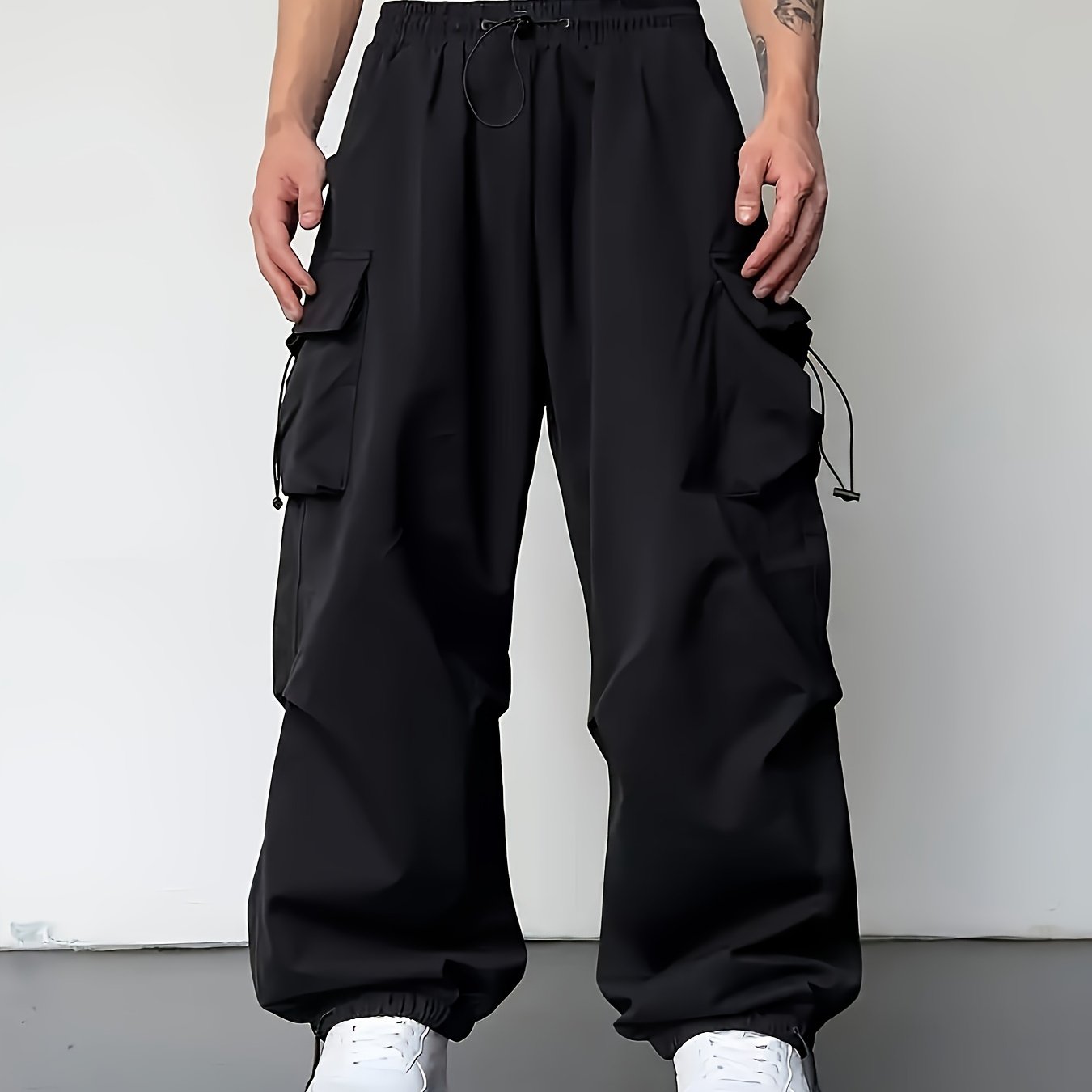 Men's Solid Color Baggy Cargo Pants With Drawstrings, Multi-pocket Casual Stylish Outdoor Trousers As Gift