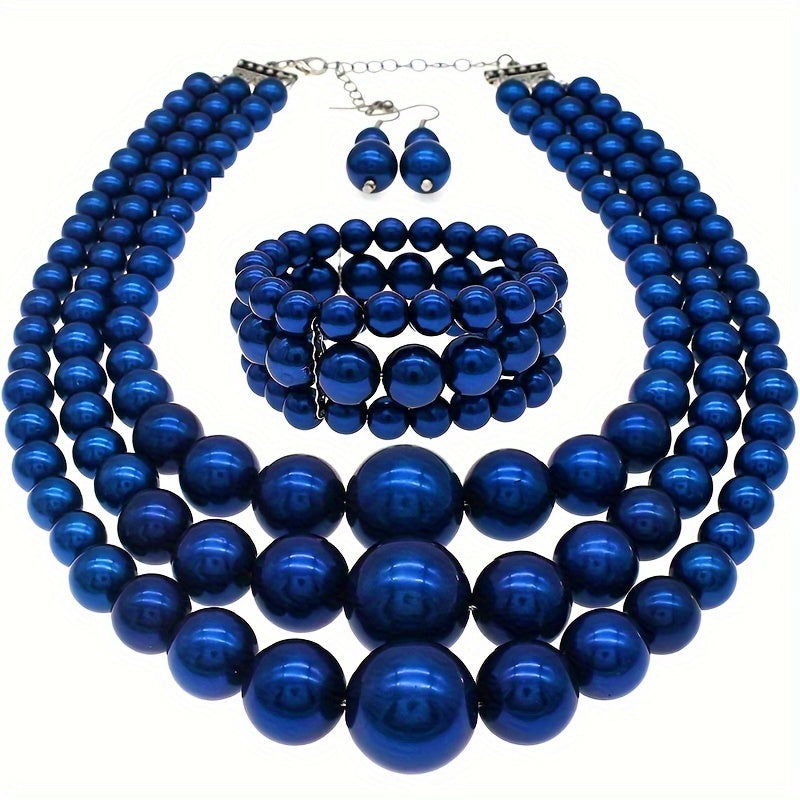 3-Piece Bohemian Faux Pearl Jewelry Set - Exquisite Multi-Layer Design with Stunning Necklace, Dainty Bracelet, and Elegant Earrings - Luxurious, Vintage-Inspired, and Perfect as a Festive Gift Set