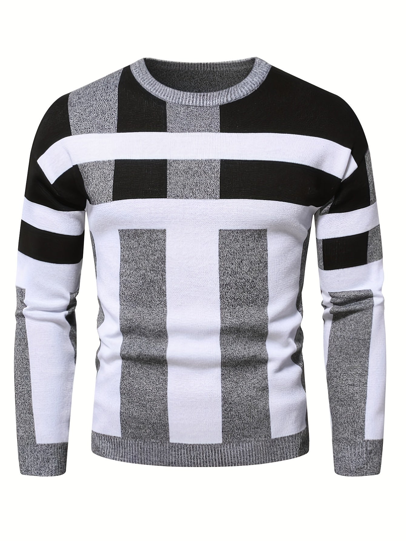 Mens Stylish Color Block Round Neck Stretch Sweater - Soft, Warm, and Trendy Pullover for Winter Outdoor Activities - Perfect for Casual Wear