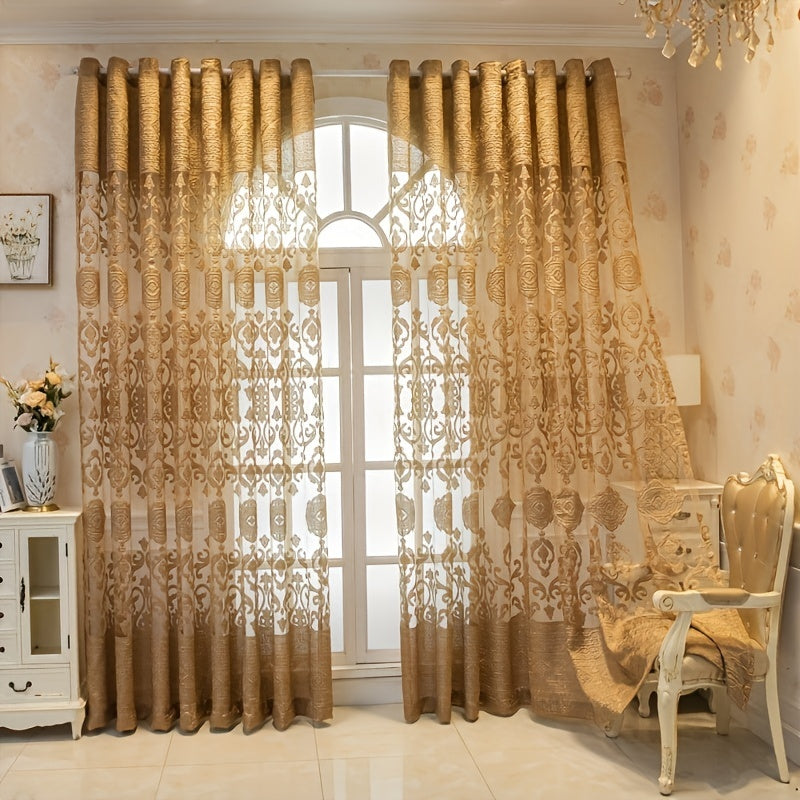 1pc Luxurious Golden Jacquard Window Screen Curtain - Elegant Home Decor for Living Room, Bedroom, Balcony with Sunlight Filtering, Dust Blocking, and Privacy Protection - Easy to Install and Maintain