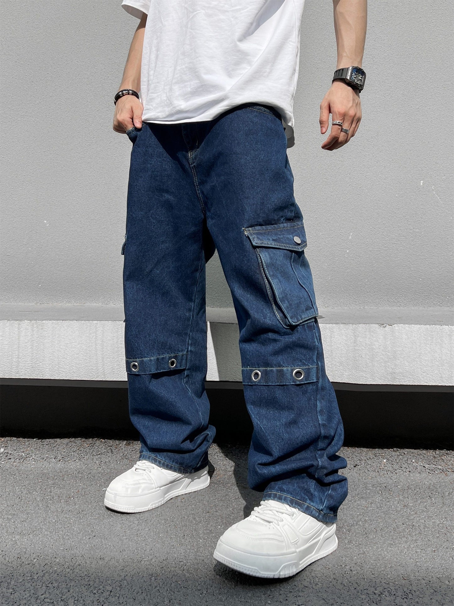Men's Casual Loose Fit Jeans, Chic Street Style Multi Pocket Denim Pants