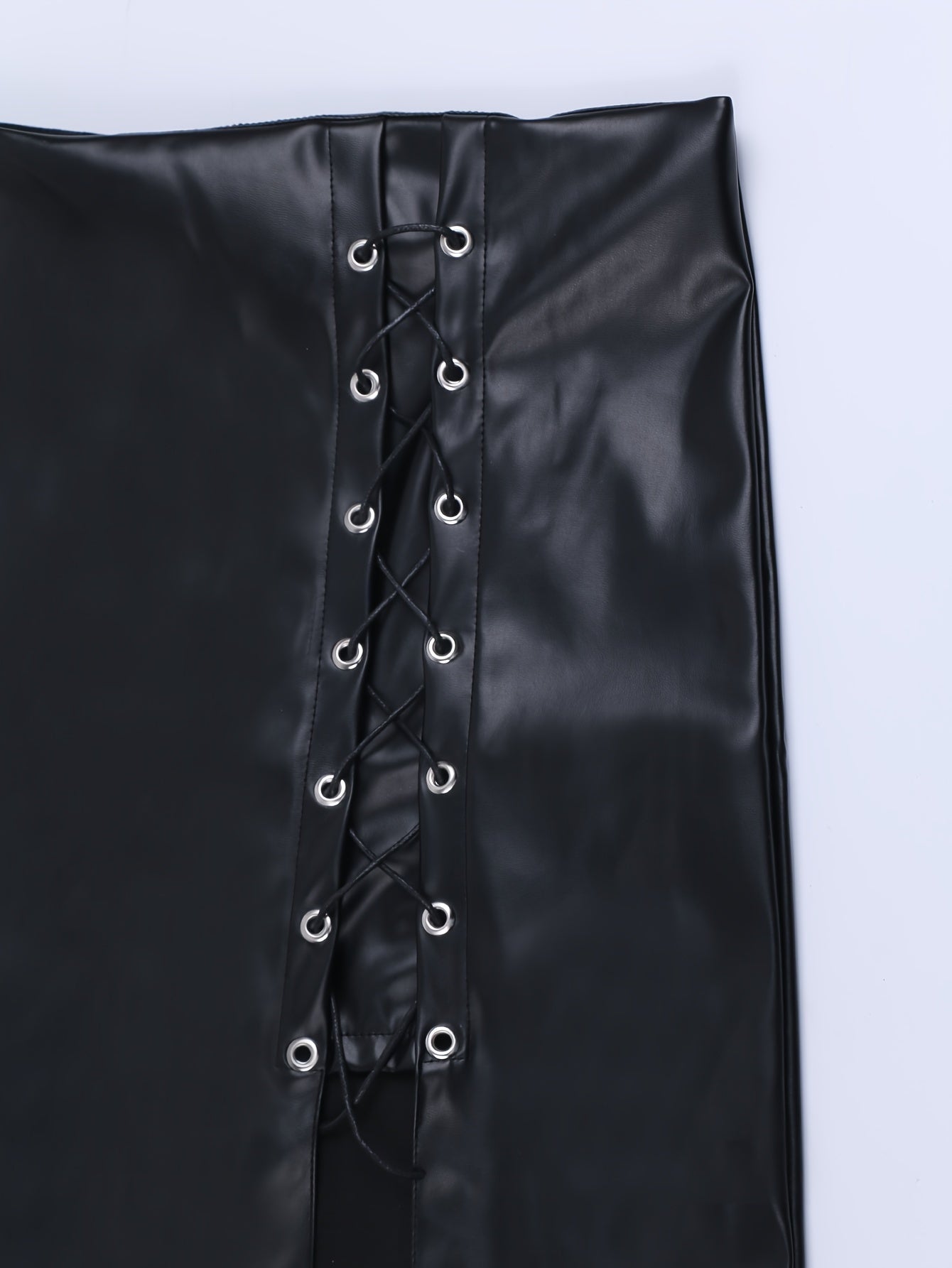 Women's Street Style Split Hem Lace Up Plain Black Color Denim Skirt, PU Leather Coated Bodycon Faux Leather Skirt
