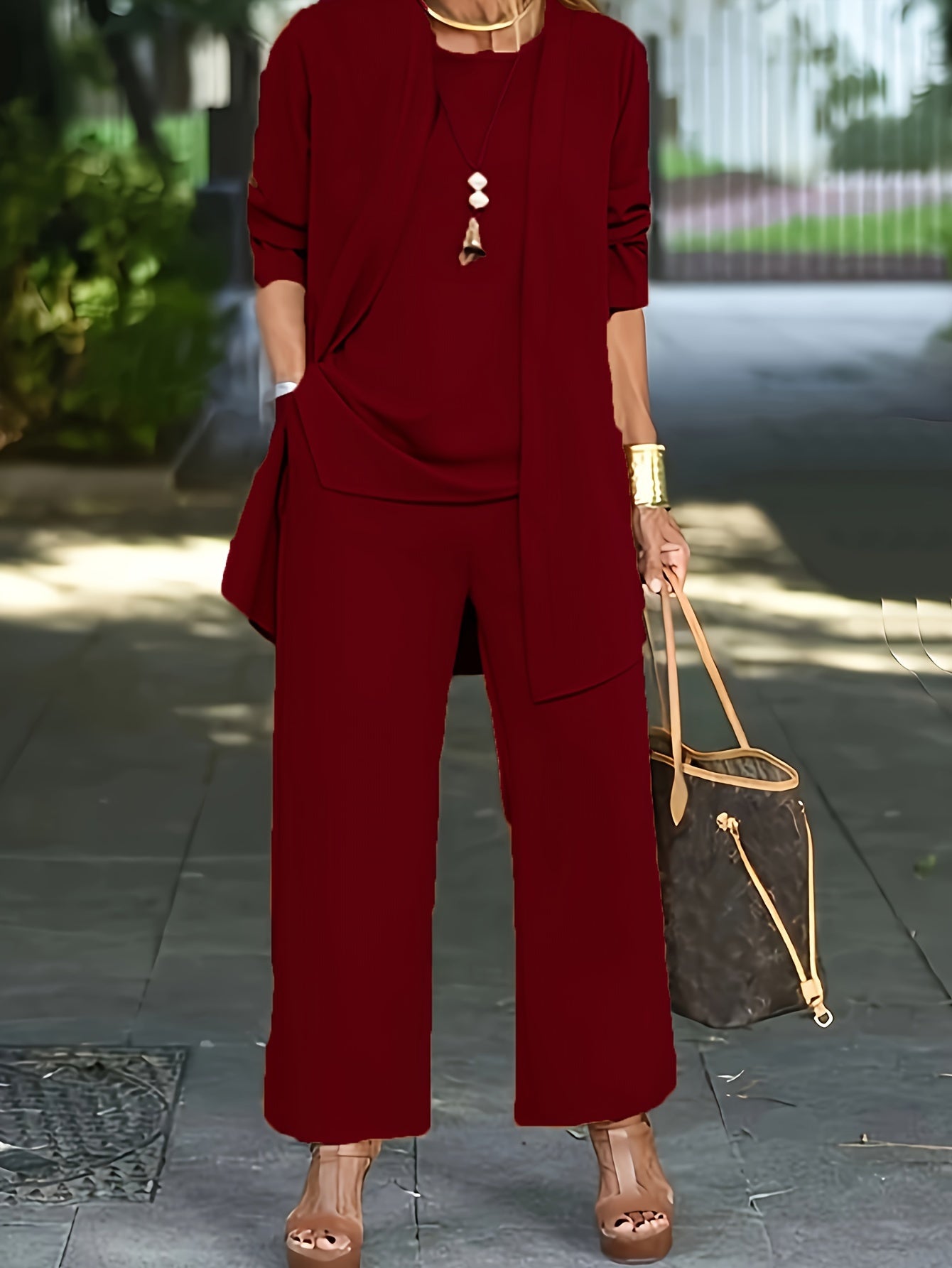LOVECCR Casual Three-piece Solid Set, Long Sleeve Cardigan & Top & Long Pants Outfits, Women's Clothing