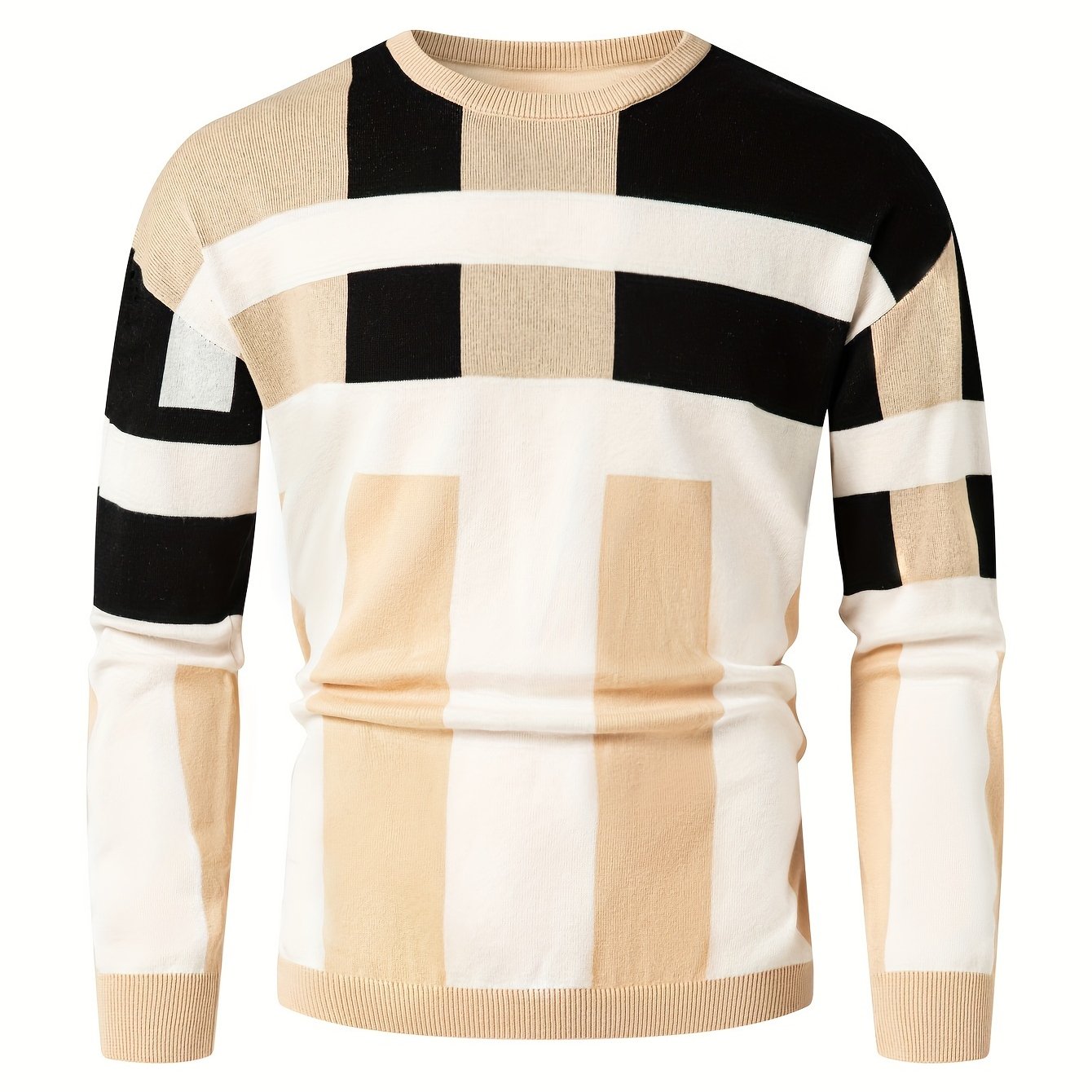 Mens Stylish Color Block Round Neck Stretch Sweater - Soft, Warm, and Trendy Pullover for Winter Outdoor Activities - Perfect for Casual Wear