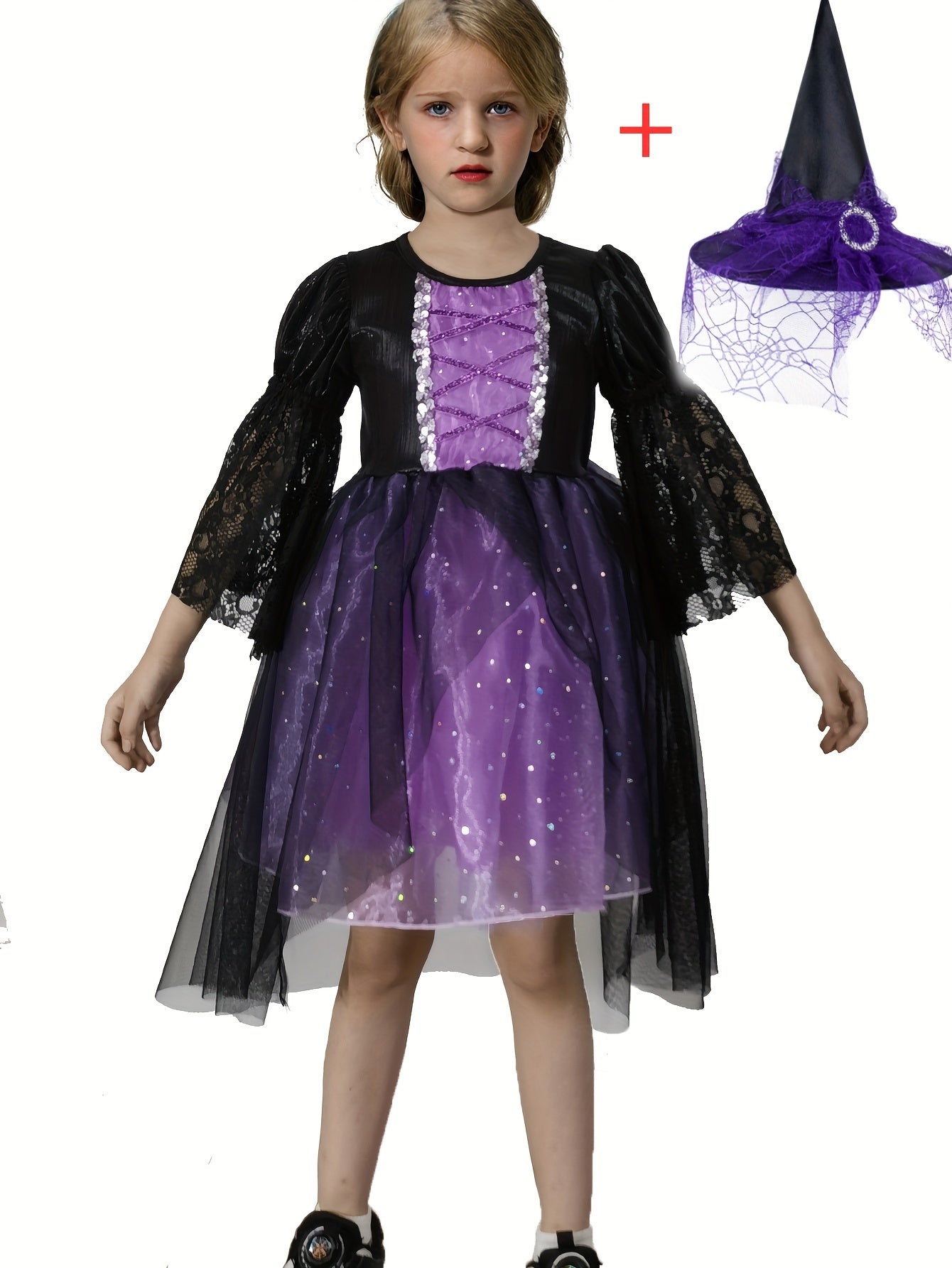 2PCS Girls' Magical Character Dress Up Outfit with Short Sleeve Lace Trim Layered Tutu and Pointed Hat for Halloween Party & Stage Performance