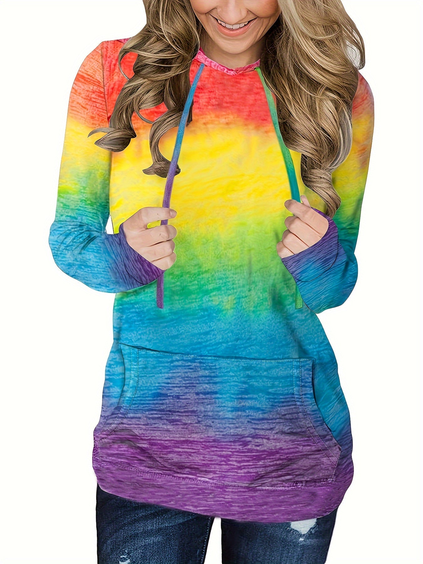 Ombre Kangaroo Pocket Hoodie, Casual Long Sleeve Drawstring Hoodies Sweatshirt, Women's Clothing