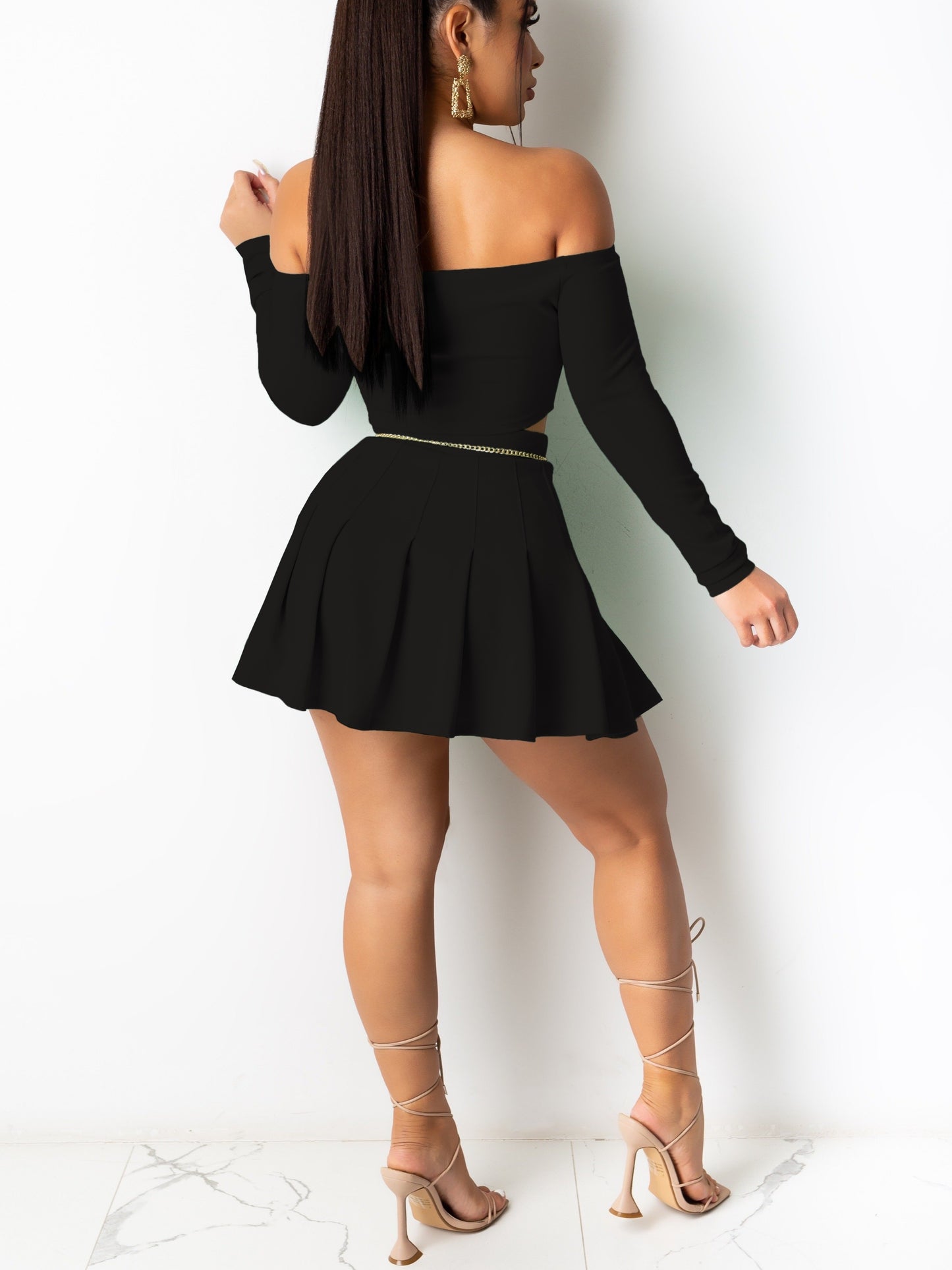 Trendy Two-Piece Skirt Suit - Elegant Off Shoulder Long Sleeve Crop Top & Pleated Mini Skirt Outfit for Women - Chic, Comfortable, and Versatile Clothing for Daily Life