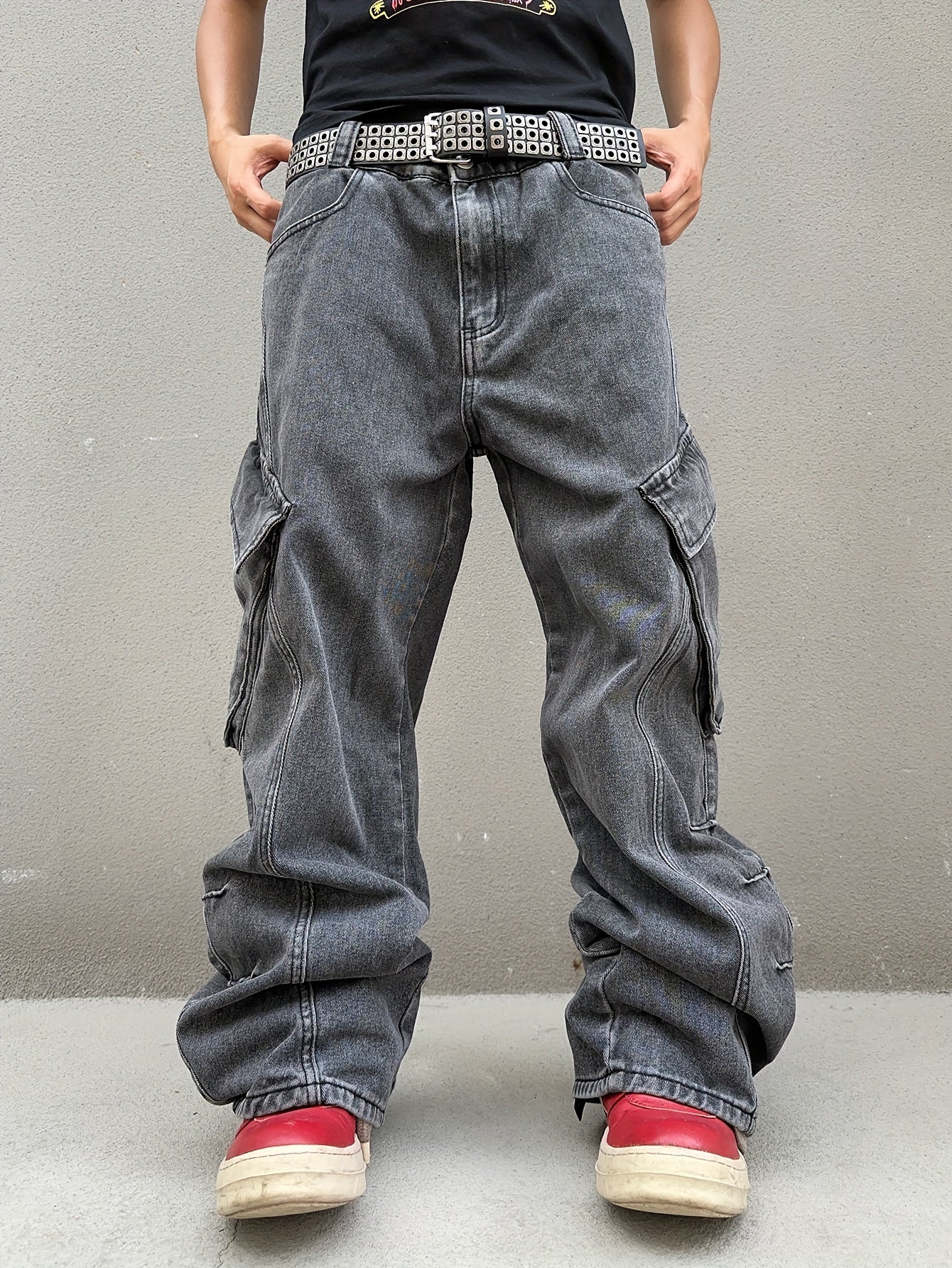 Relaxed Fit Wide Leg Cargo Jeans - Men's Stylish Comfortable Denim Pants for Street Fashion - Loose Fit, Comfy, Fashionable, and Practical