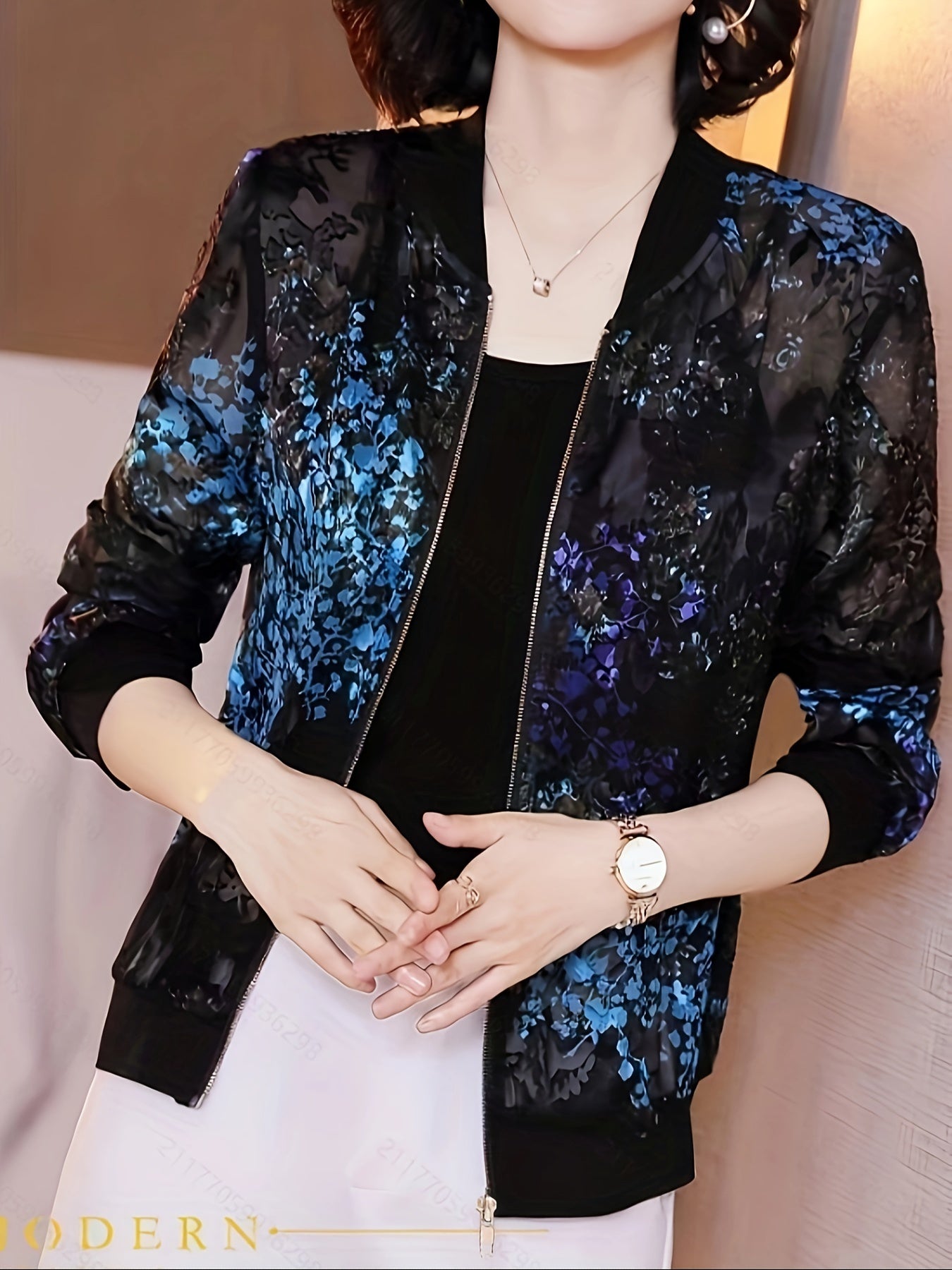 Stylish Floral Print Zipper Jacket - Water-Resistant, Long Sleeve, Elegant Outwear for Spring & Fall Seasons - Women's Fashion Clothing for Casual Daily Wear