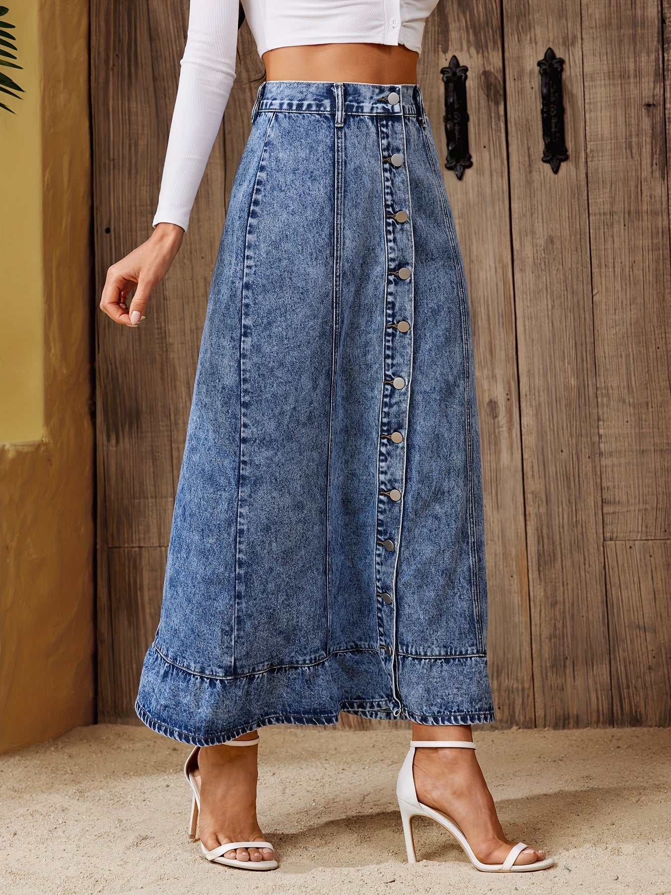 Vintage Washed Denim Maxi Circle Skirt - A-Line Single-Breasted Button Front, Frayed Hem, Non-Stretch, Solid Color, Woven, Casual Retro Style Jean Skirt for Summer - Customized, No Printing, No Sheer