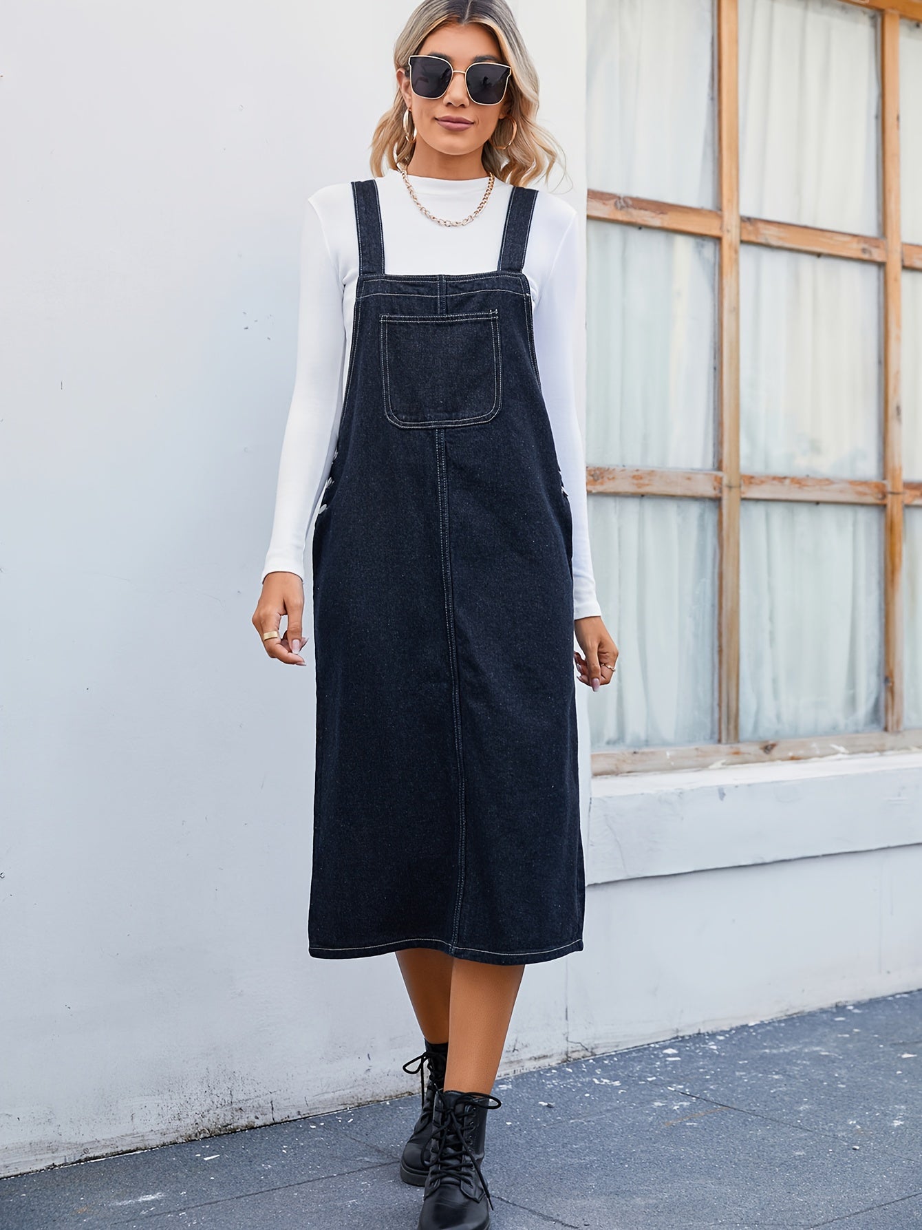 Plain Dark Washed Blue Loose Fit Denim Overall Dress, Patch Pocket Versatile Casual Denim Dress, Women's Denim Jeans & Clothing