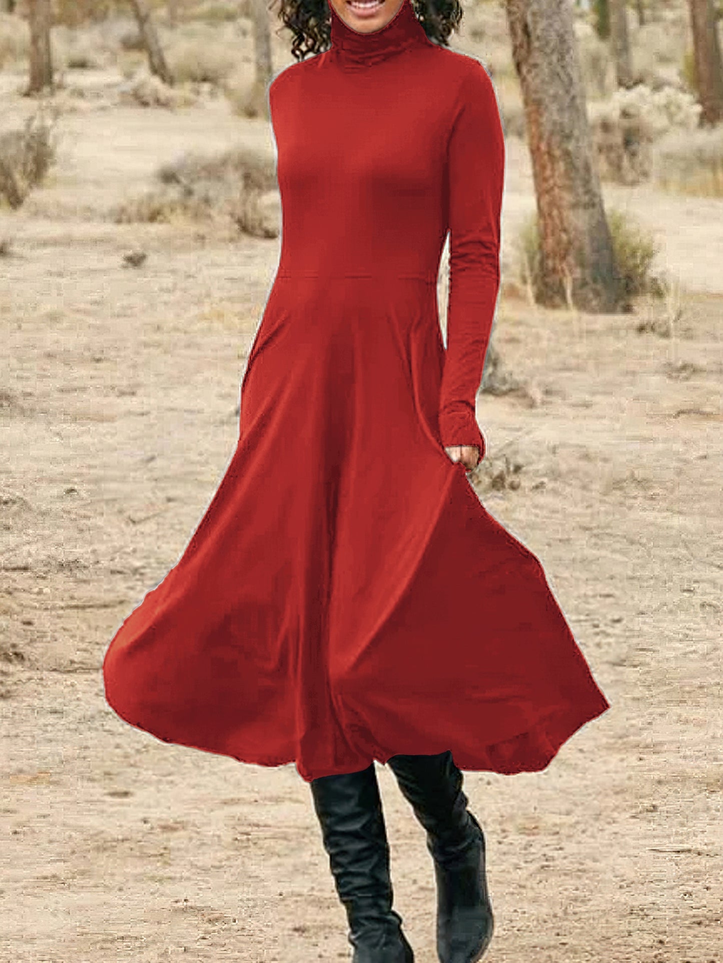 Midi Solid High Neck Long Sleeve Elegant Daily Dress for Women - Comfortable, Versatile, and Chic Clothing for Work, Date, or Casual Occasions - Perfect for Spring, Summer, and Autumn Seasons