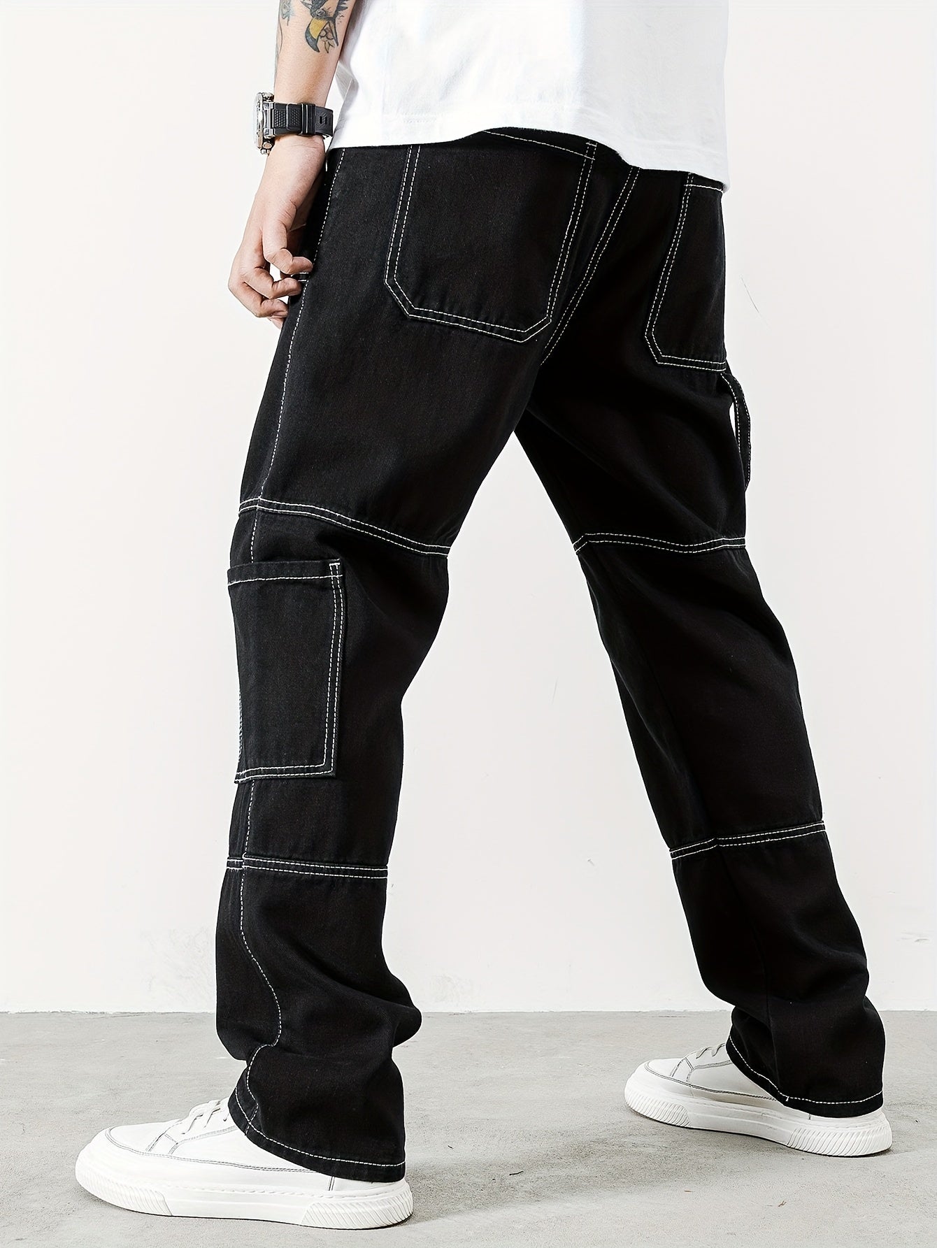 Mens Casual Cargo Pants with Spacious Pockets - Comfortable Straight Leg, Loose Fit Denim Style - Perfect for Outdoor Adventures, Trendy K-pop Inspired