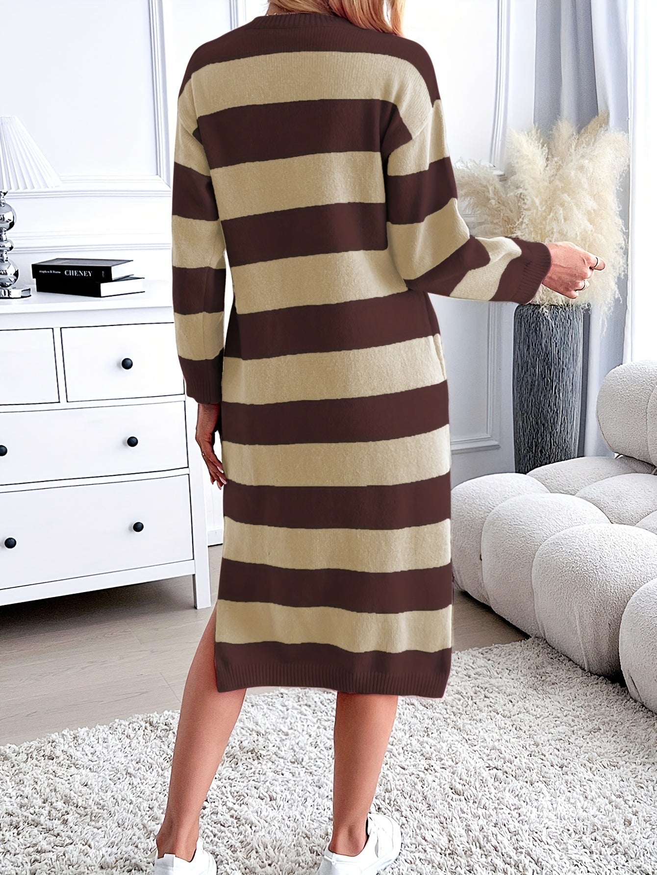 Cozy Stripe Pattern Long Sleeve Knit Dress - Soft Crew Neck, Split Hem, Loose Fit, Winter & Fall Essential - Women's Casual Clothing for Everyday Wear