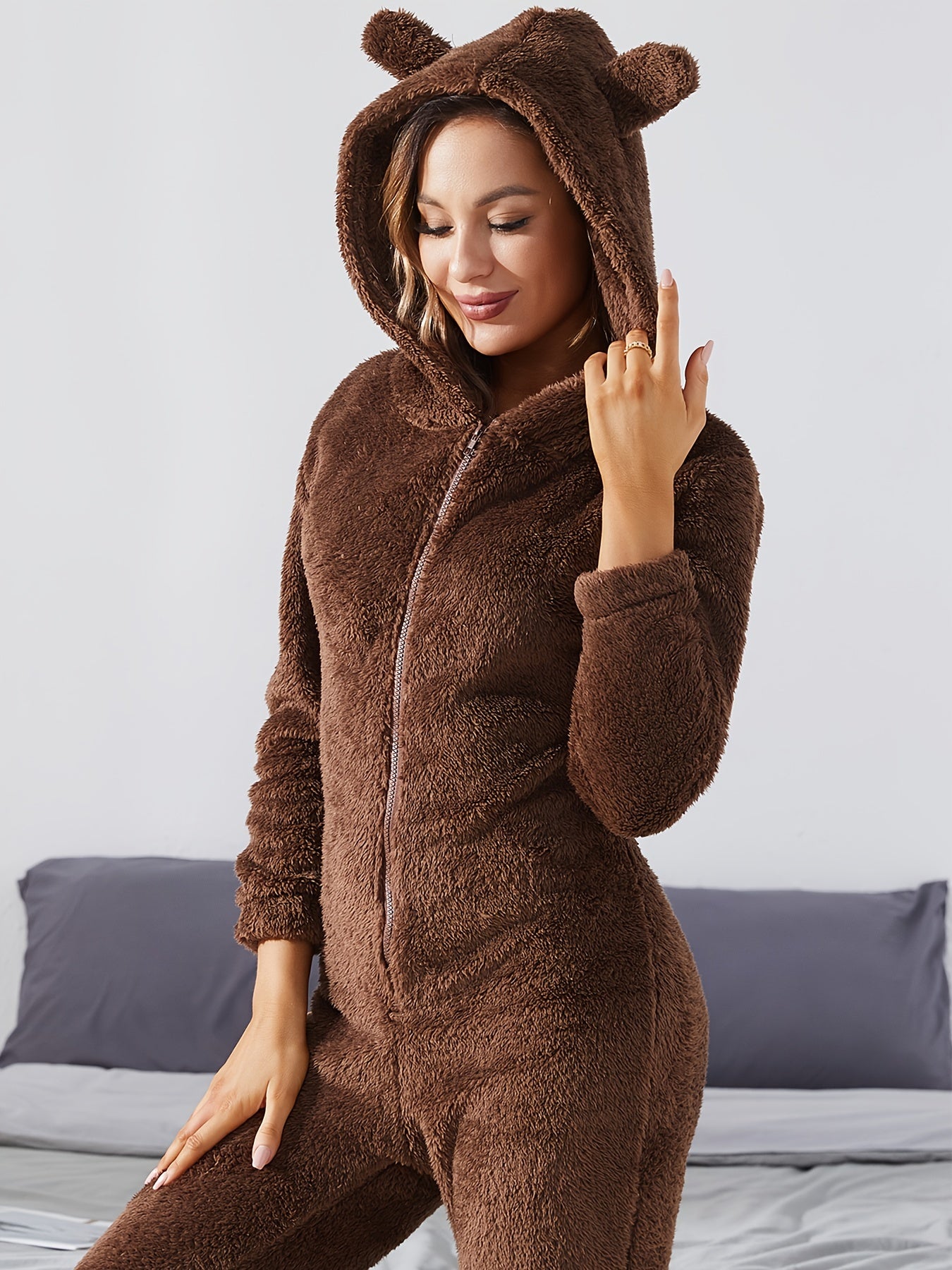 Solid Fuzzy Hooded Jumpsuit For Music Festival, Long Sleeve Zip Up Pajamas, Women's Sleepwear & Loungewear