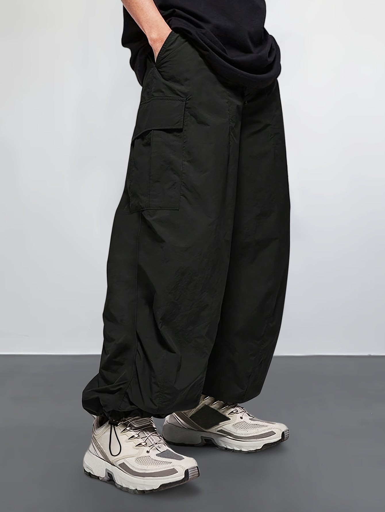 Rugged yet Stylish Mens Cargo Pants - Loose Fit, Solid Color with Flap Pockets & Adjustable Drawstring Hem - Ideal for Outdoor Adventures, Casual Wear & Street Style