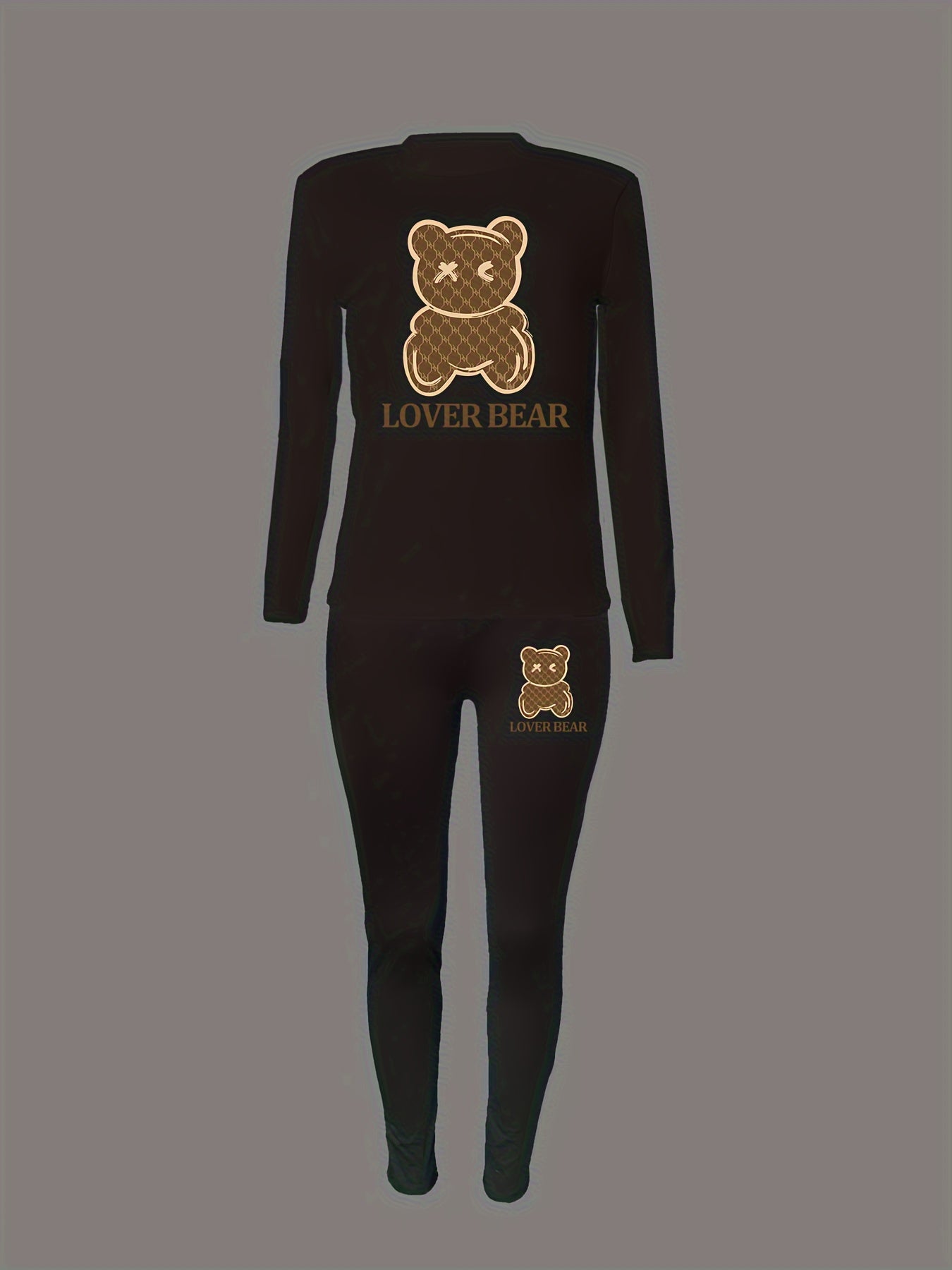Chic Bear Print Two-Piece Set for Women - Comfortable Crew Neck Long Sleeve T-Shirt & Skinny Pants - Perfect for Casual Wear in Spring & Fall