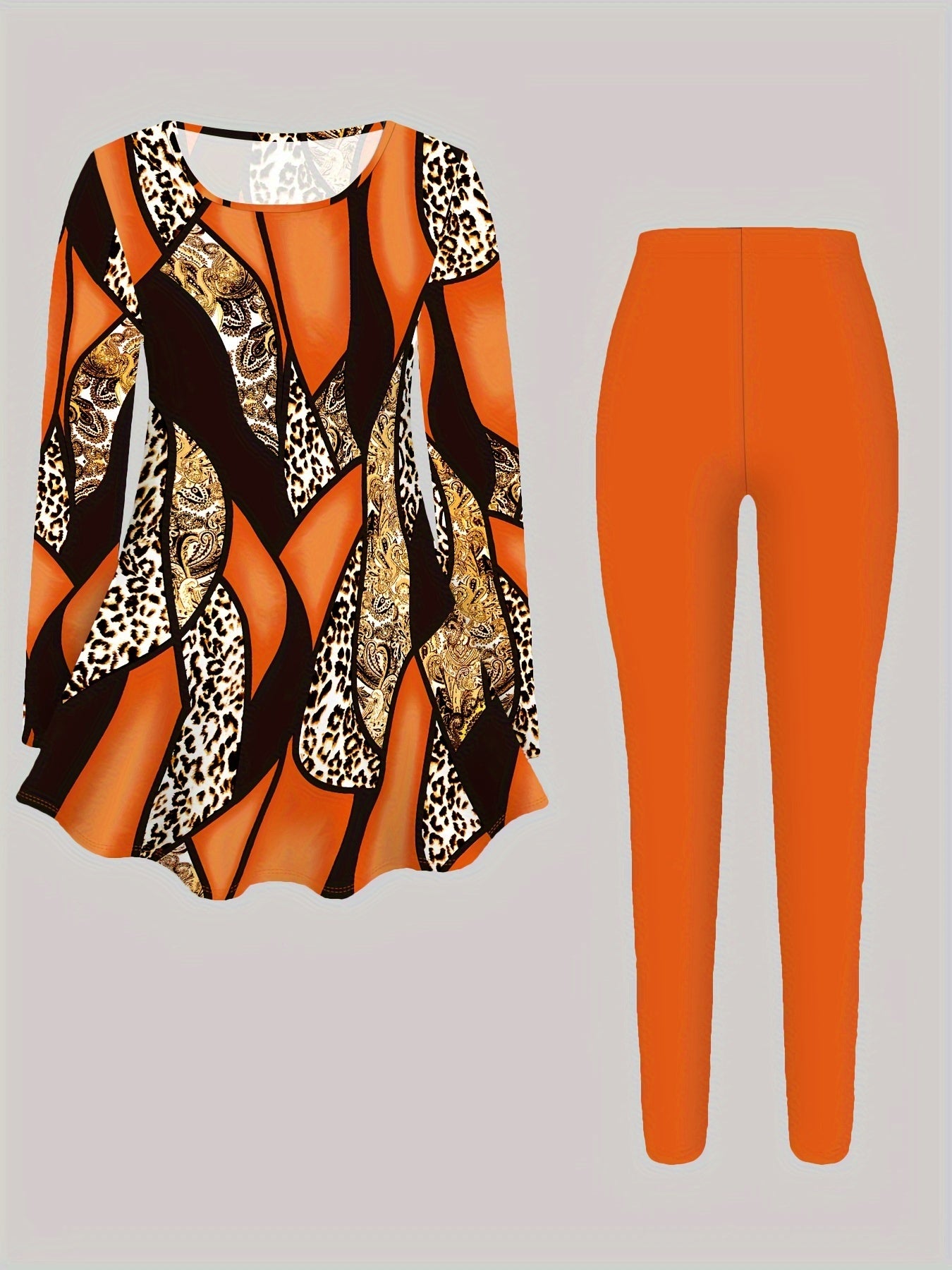 Trendy Two-Piece Leopard Print Outfit - Crew Neck Long Sleeve T-Shirt with Soft Fabric, Skinny Leggings with Stretchy Waistband, Comfortable Women's Clothing for Casual Daily Wear