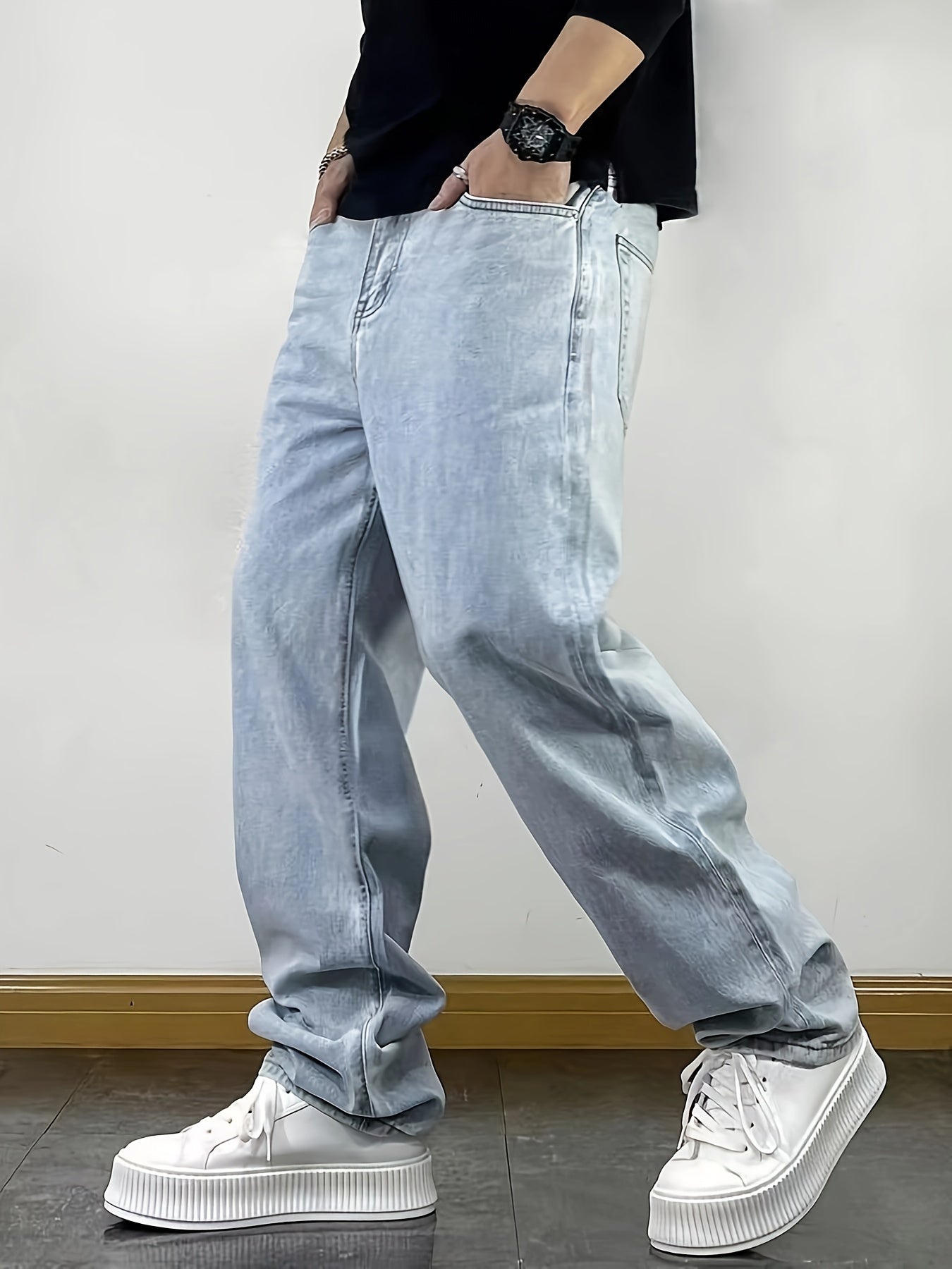 Men's Street Style Loose Fit Denim Jeans - Washed Solid Color Extra Long Straight Leg Trousers, Cotton 75%, Polyester 25%, Non-Stretch, All-Season Woven Fabric