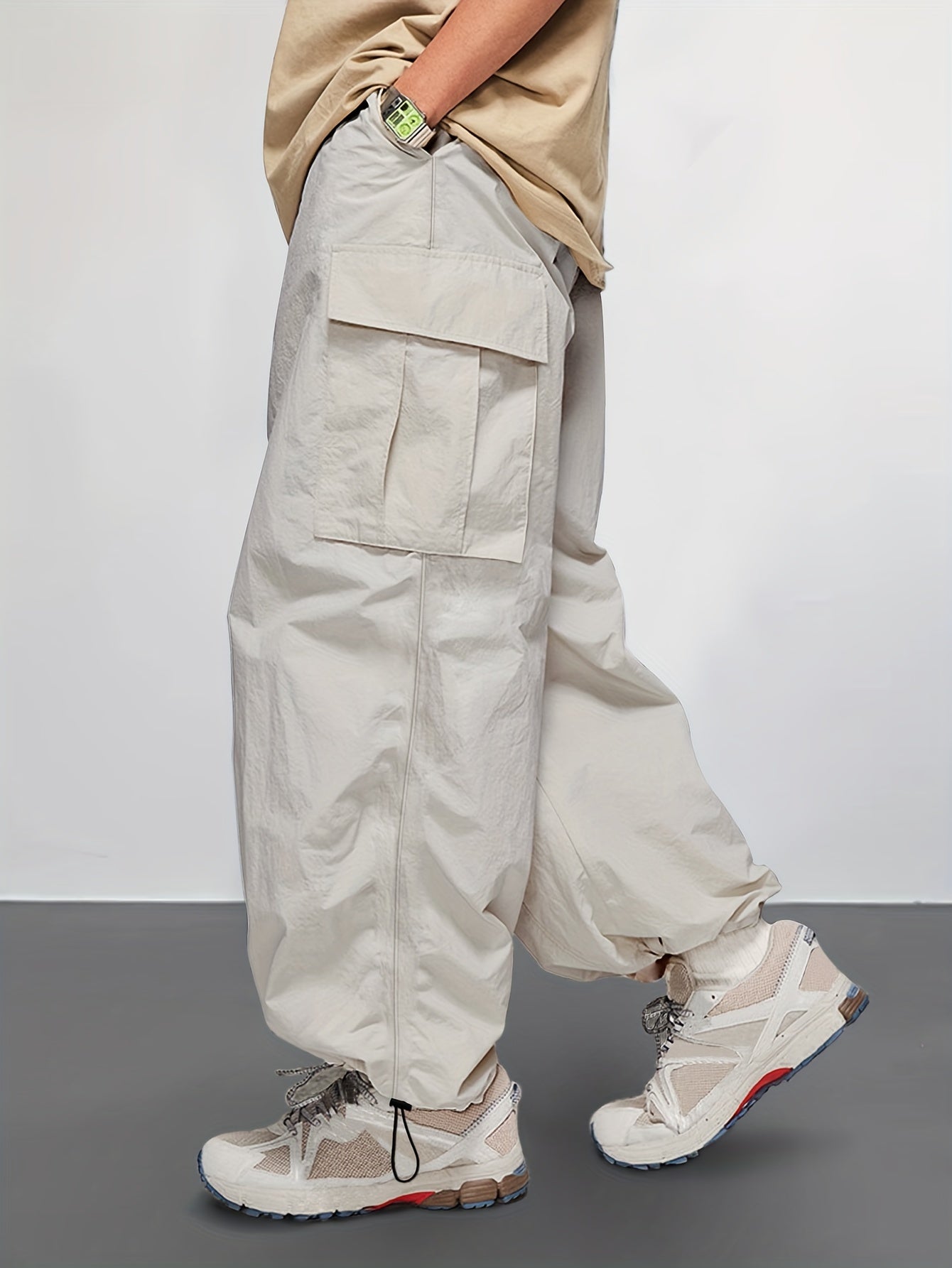 Rugged yet Stylish Mens Cargo Pants - Loose Fit, Solid Color with Flap Pockets & Adjustable Drawstring Hem - Ideal for Outdoor Adventures, Casual Wear & Street Style