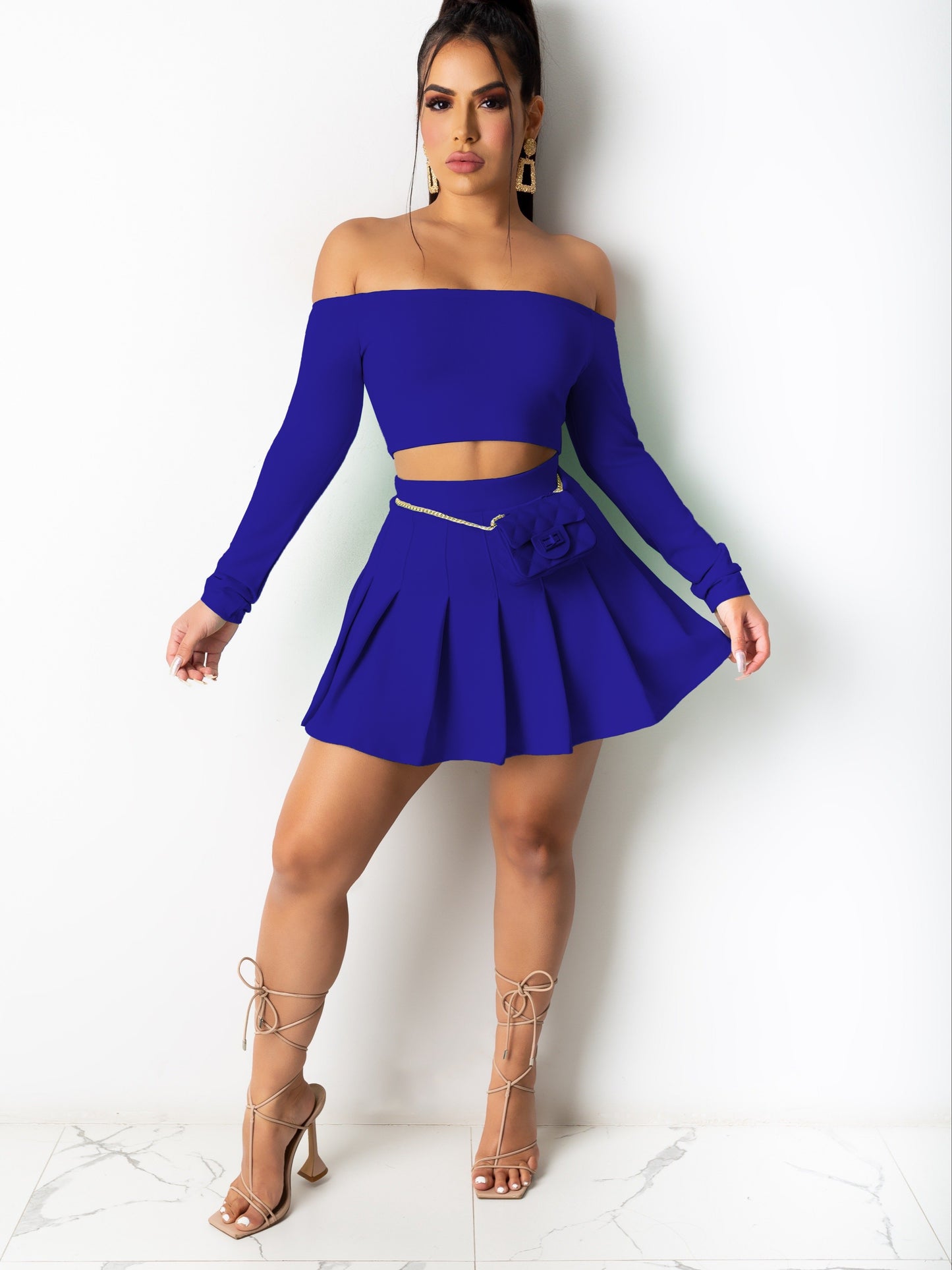 Trendy Two-Piece Skirt Suit - Elegant Off Shoulder Long Sleeve Crop Top & Pleated Mini Skirt Outfit for Women - Chic, Comfortable, and Versatile Clothing for Daily Life