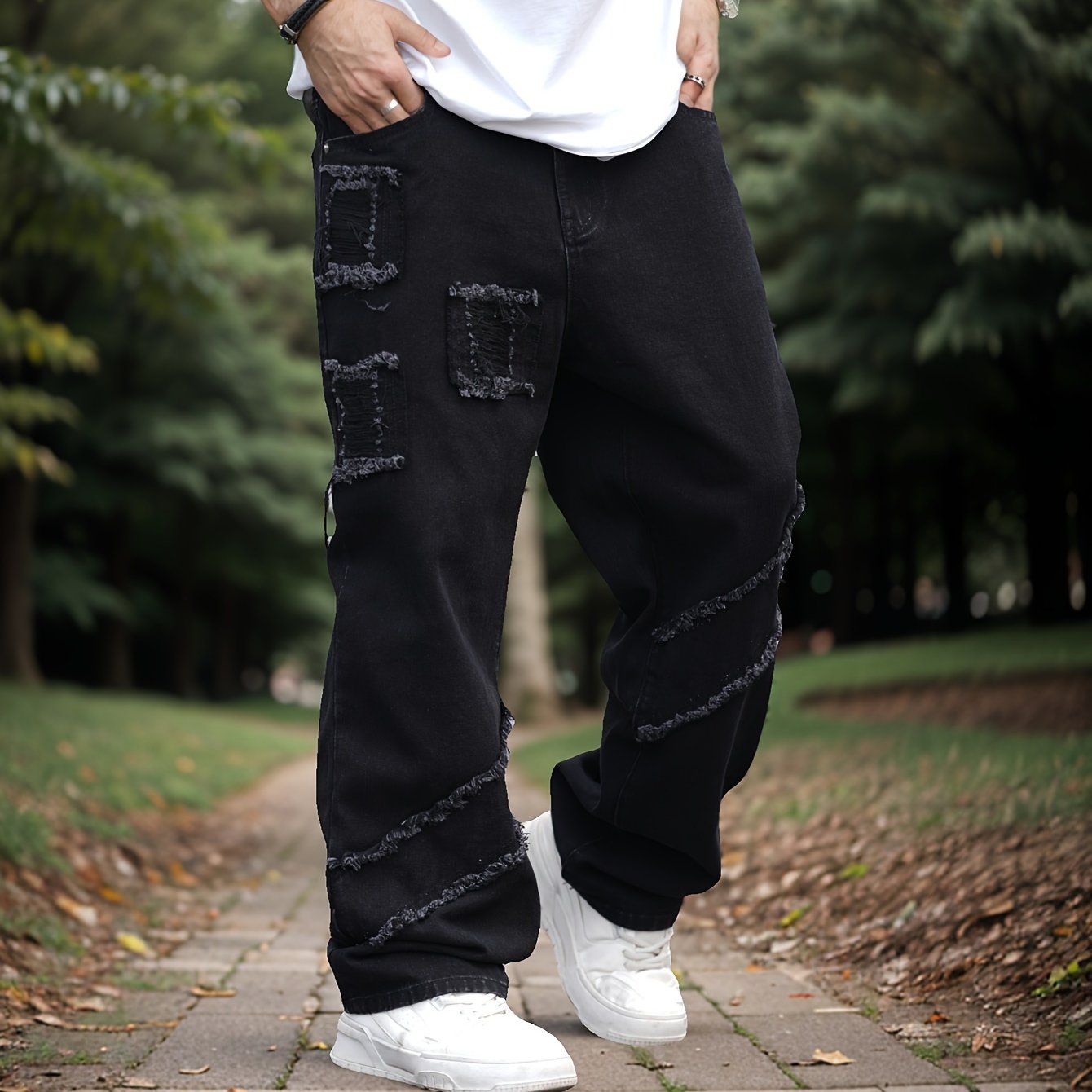 Loose Fit Frayed Hem Denim Jeans for Men - Soft Cotton Blend, Multiple Pockets, Street Style Fashion, Ideal for Outdoor Activities, Casual Daily Wear, and Travel