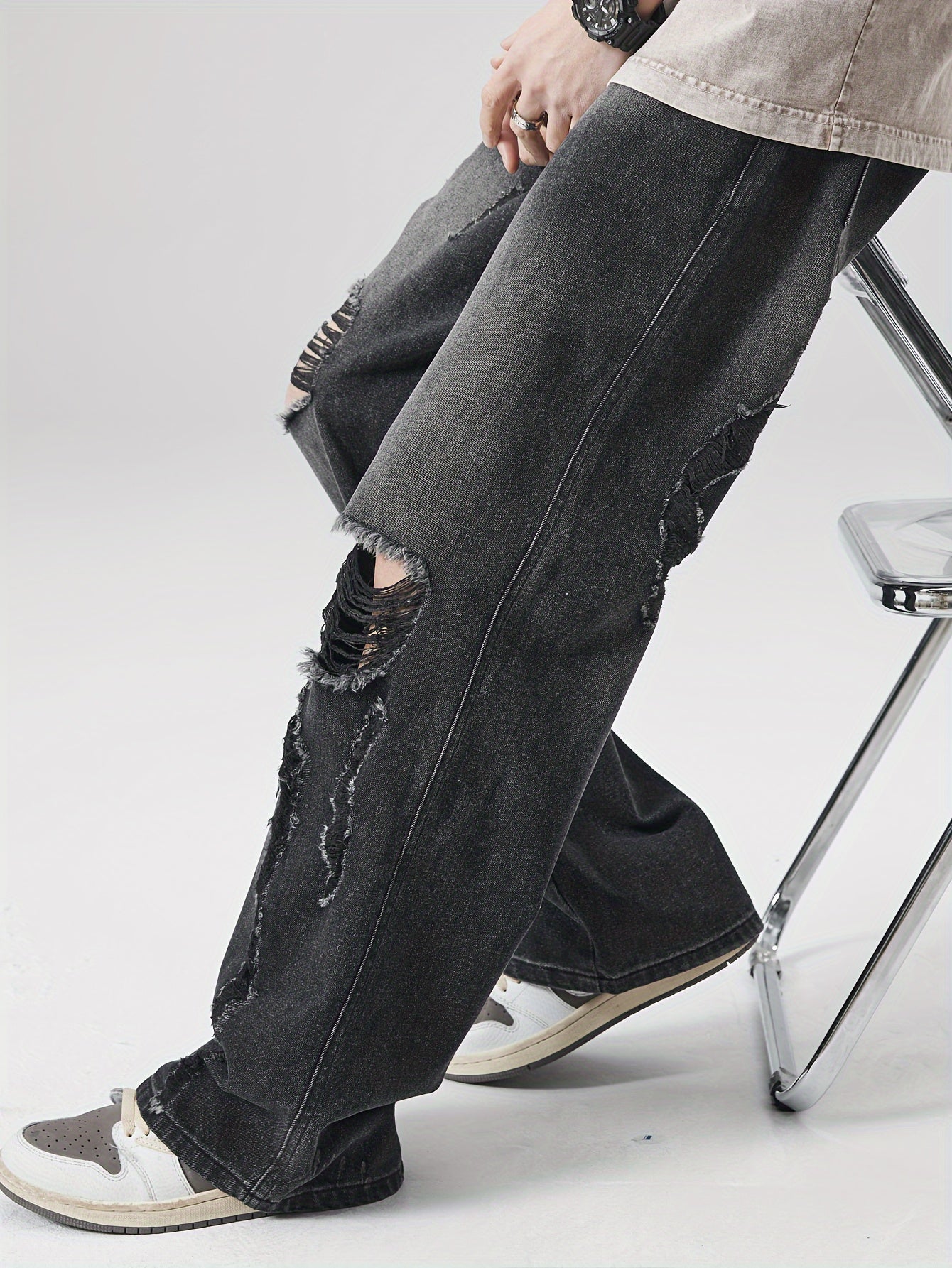 Men's Loose Fit Wide Leg Ripped Jeans, Men's Stylish Comfy Denim Pants, Street Style Fashion