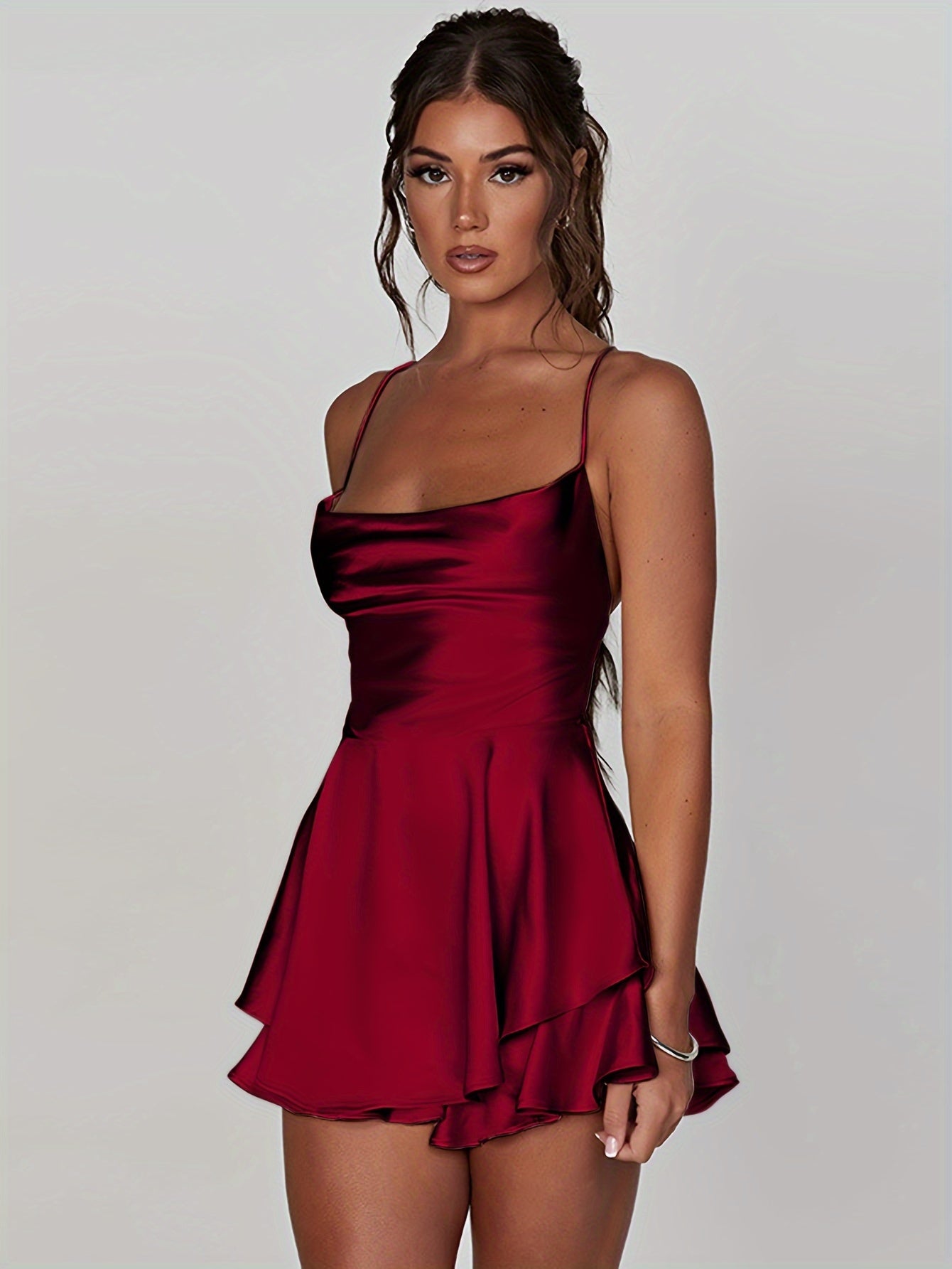 Mini Backless Ruffle Slingback Dress - Elegant Square Neck, High Elasticity Polyester, Solid Color, Knit Fabric, Perfect for Coquette Y2K Style Party Dressing - Womens Clothing for All Seasons