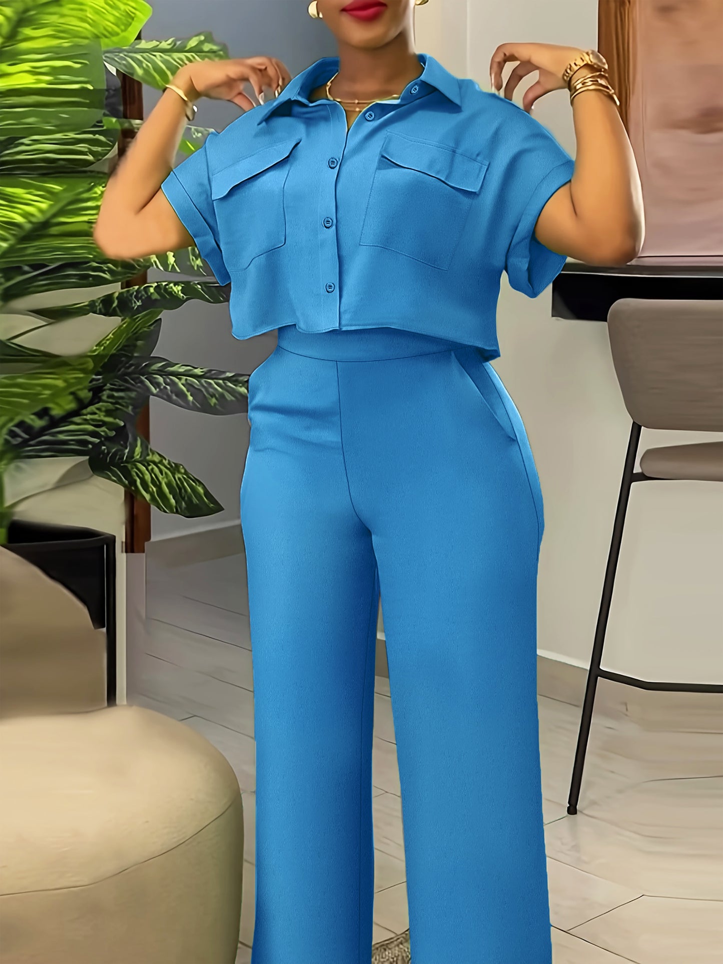 Two-Piece Solid Color Casual Outfit - Lapel Collar Short Sleeve Shirt and Pants Set - Polyester Woven Fabric, Spring/Summer Essential, No Elasticity, No Printing, and No Sheer