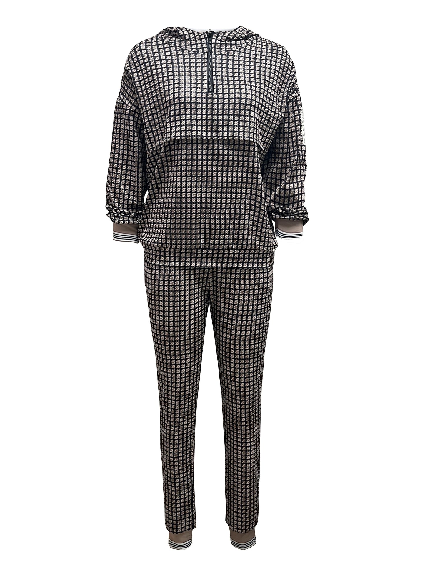 Trendy Plaid Two-Piece Set - Comfortable Zip Hoodie & Pants Outfit - Womens Casual Fashion Wardrobe Staple