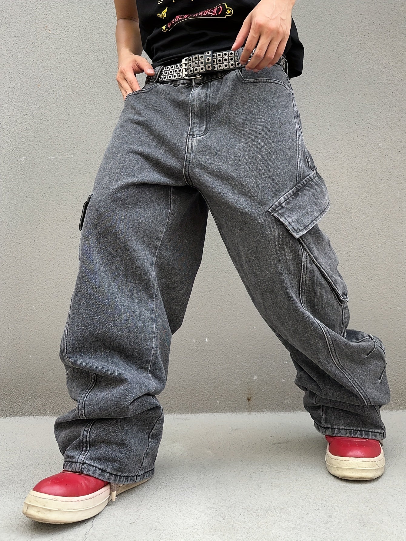 Relaxed Fit Wide Leg Cargo Jeans - Men's Stylish Comfortable Denim Pants for Street Fashion - Loose Fit, Comfy, Fashionable, and Practical