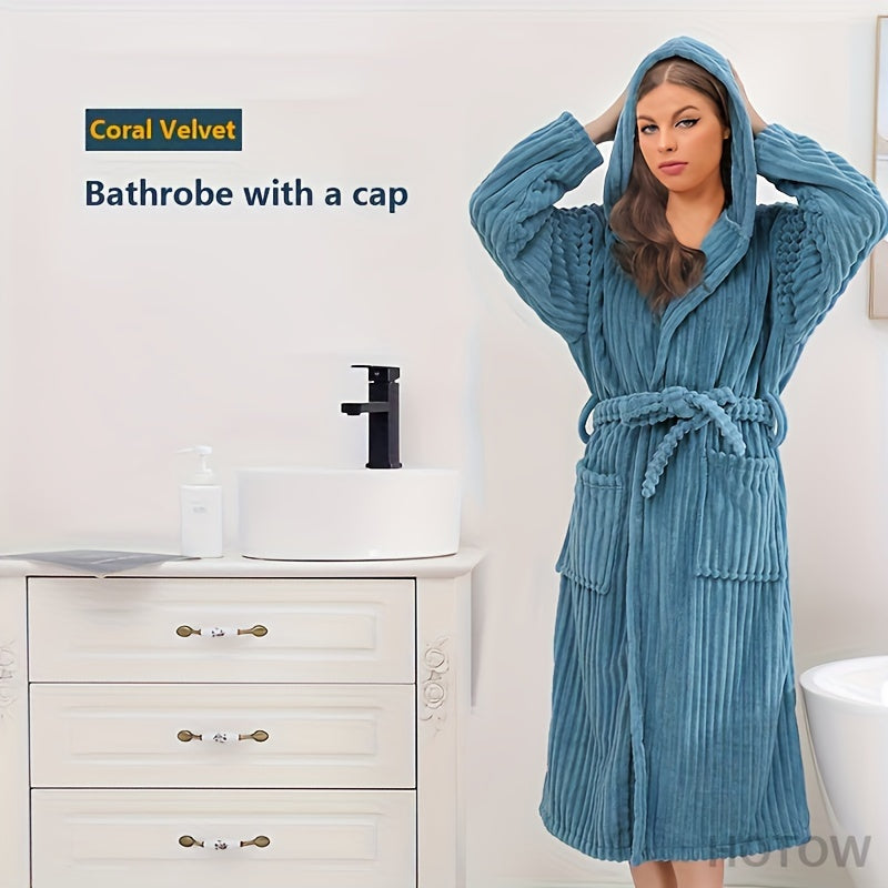 Super Soft Coral Velvet Hooded Bathrobe, Unisex Winter Warm Robe, Polyester & Polyamide Blend, Absorbent, Casual Knit Long Robe with Hood & Pockets, Machine Washable, Universal Space Theme, for Autumn & Winter - 350gsm Towel Fabric