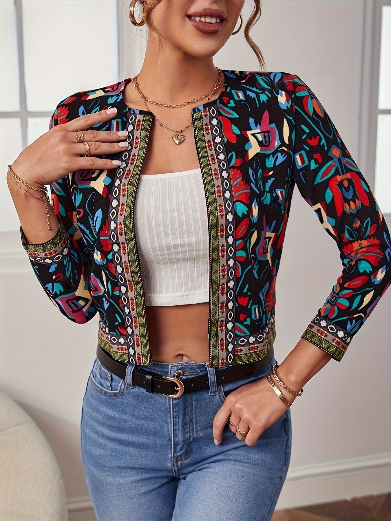 Stylish Ethnic Print Open Front Long Sleeve Slim Fit Jacket - Elegant Spring and Fall Essential, Soft and Cozy, Women's Clothing for Chic Ladies